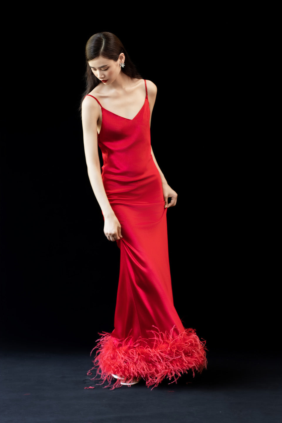 GORGEOUS Sparkling feather suspender maxi dress