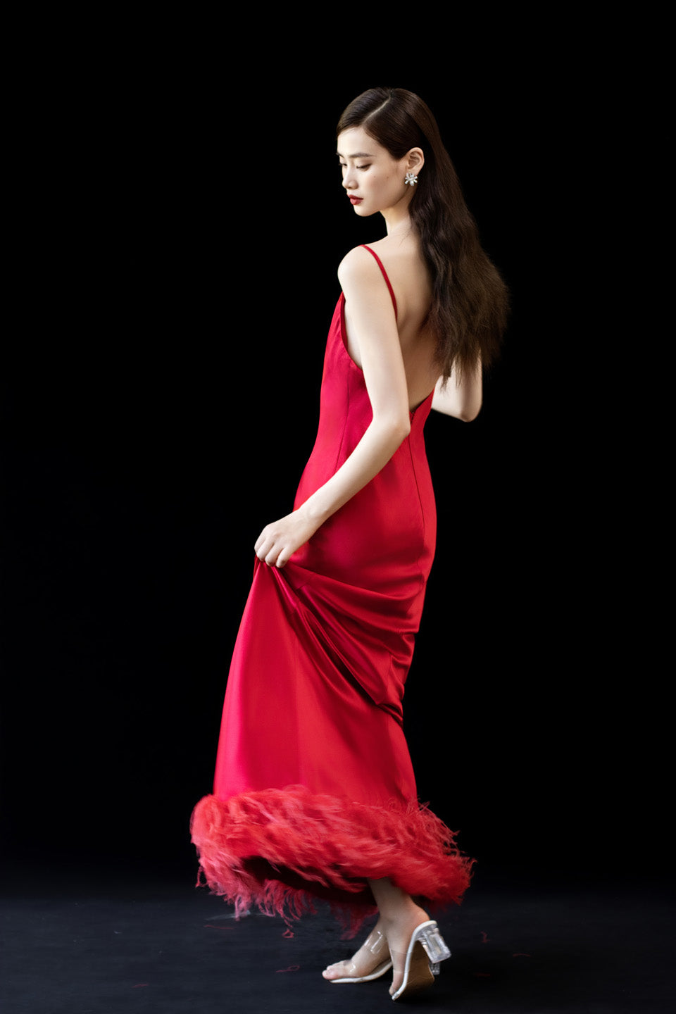 GORGEOUS Sparkling feather suspender maxi dress