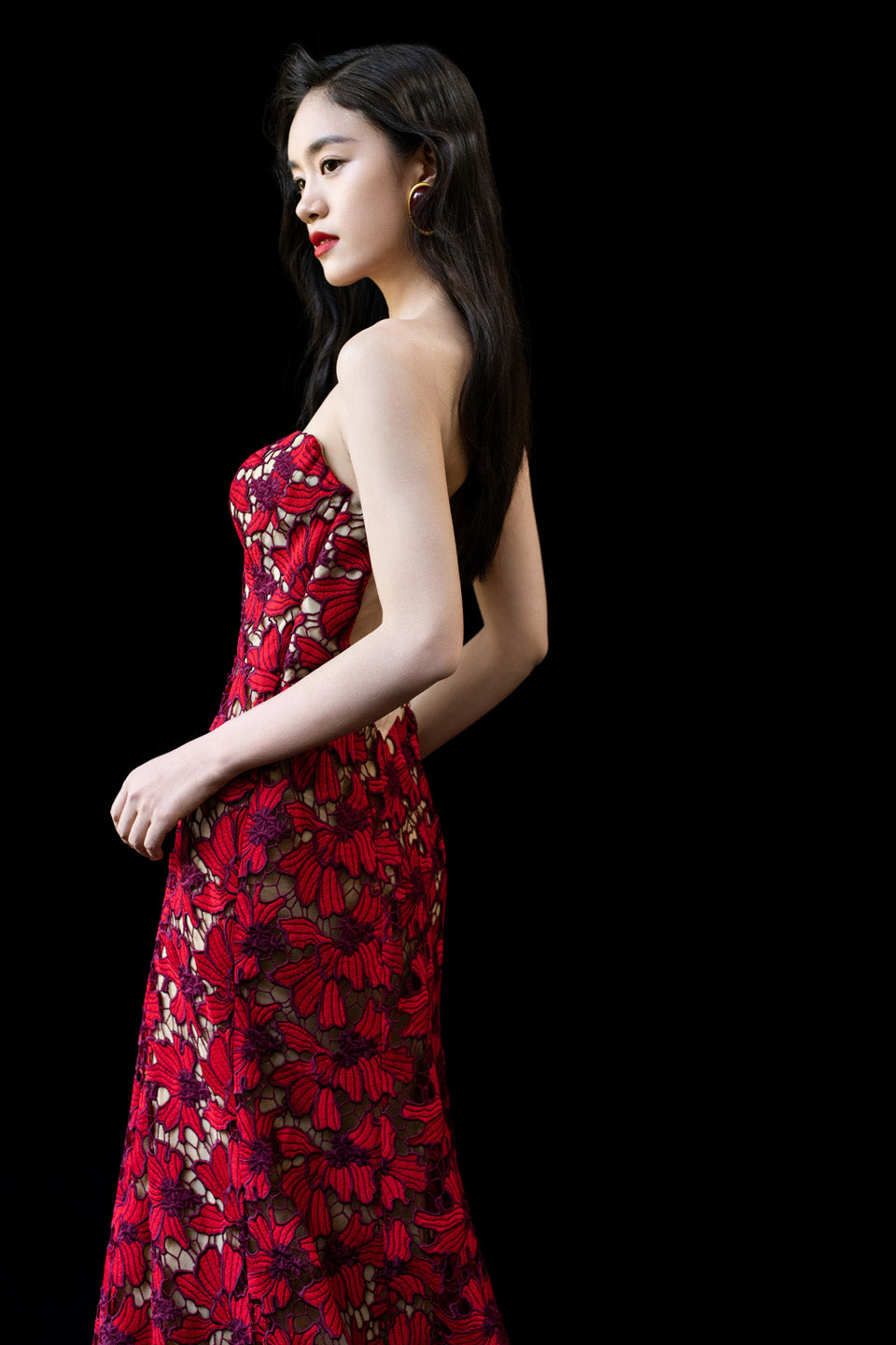 GORGEOUS Red flower lace strapless maxi dress