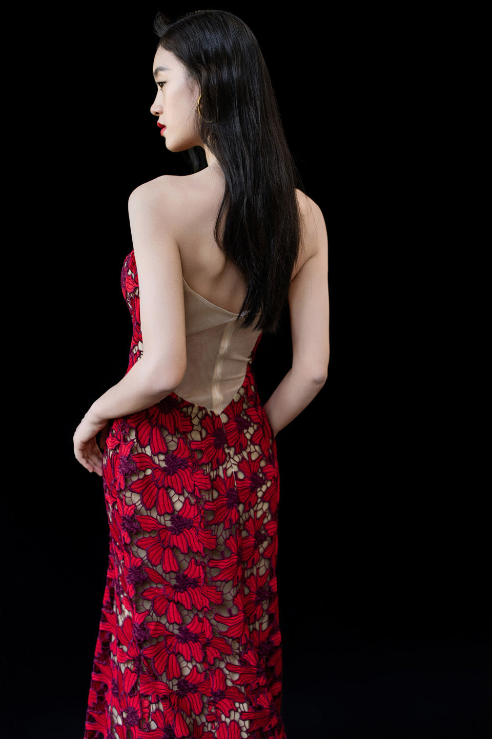 GORGEOUS Red flower lace strapless maxi dress