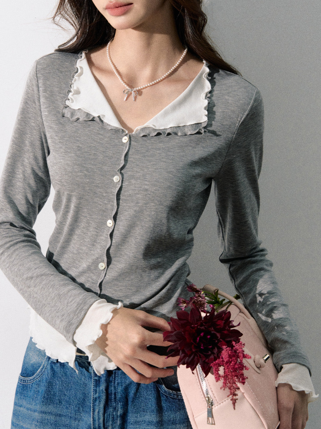 Lafreedom LAF350818 Fake two piece knitted long sleeve top