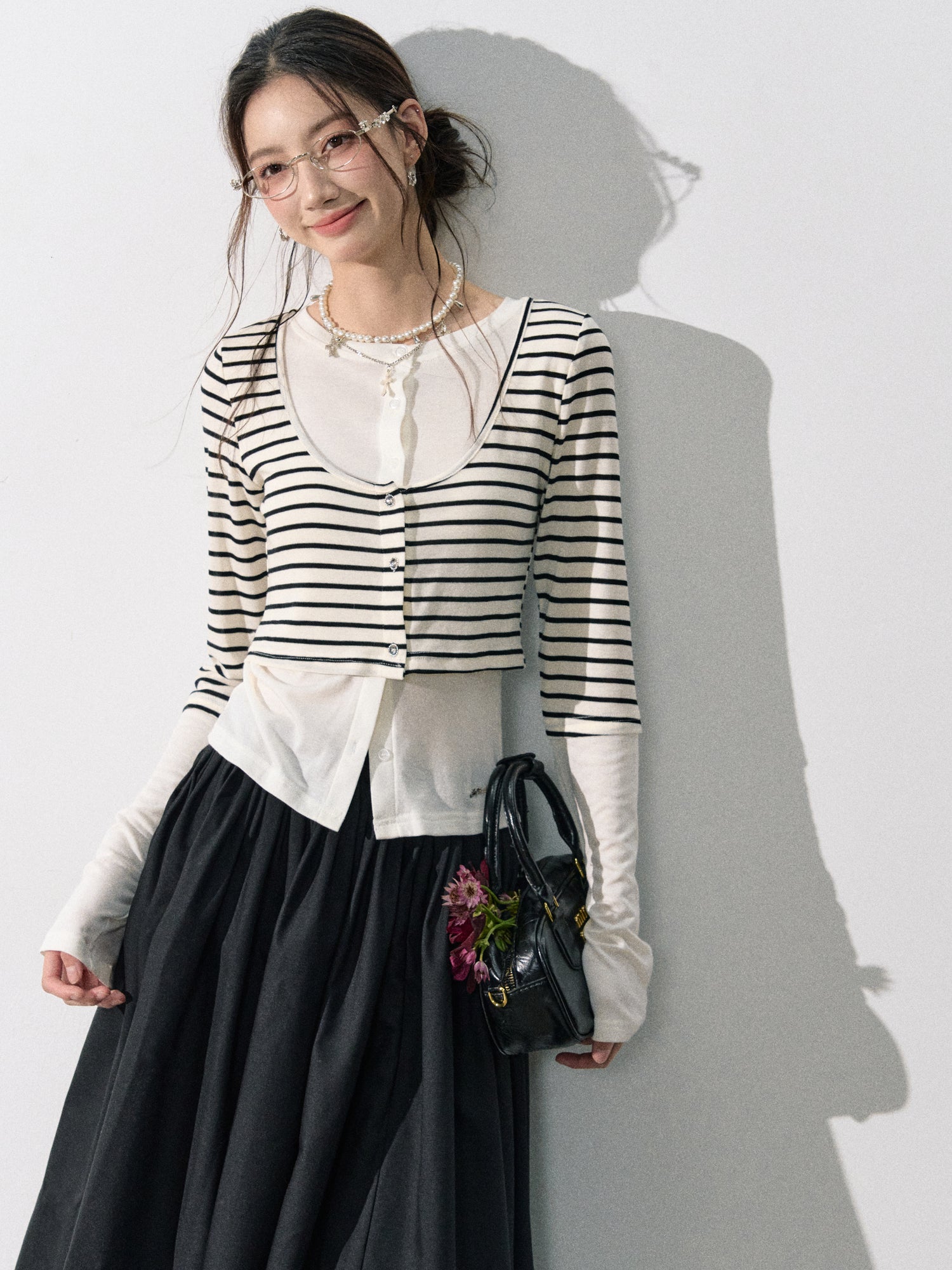 Lafreedom LAF350808 Splicing fake two striped long sleeves top