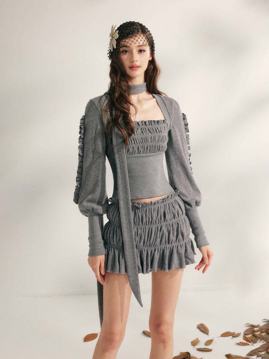 YZZI HE Pleated lace knitted top + skirt set