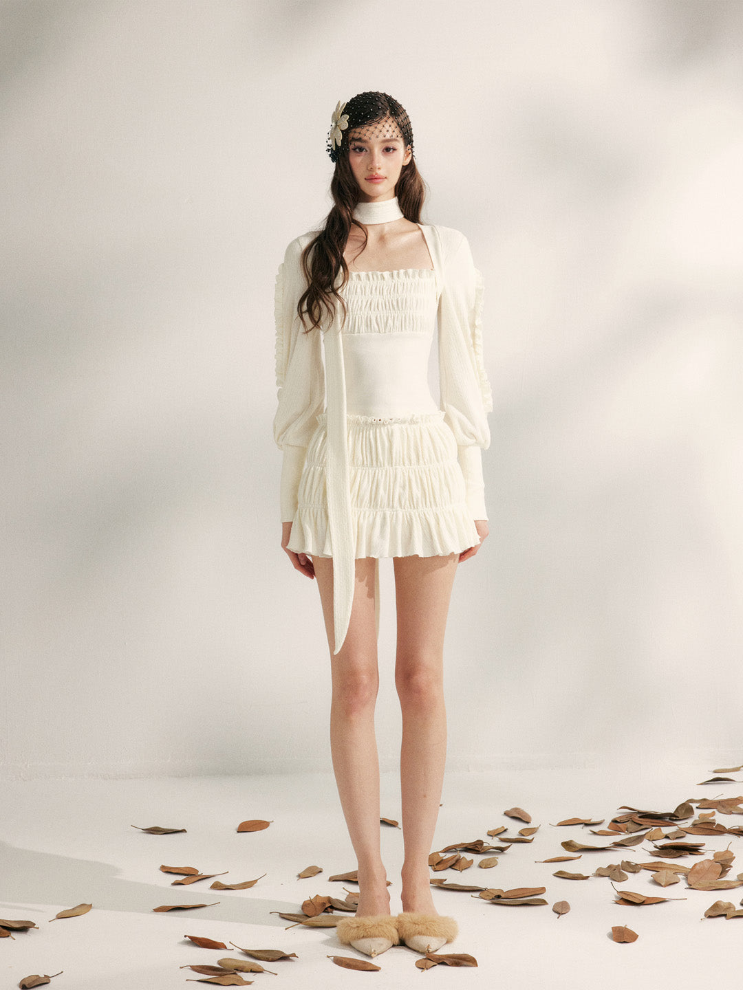 YZZI HE Pleated lace knitted top + skirt set