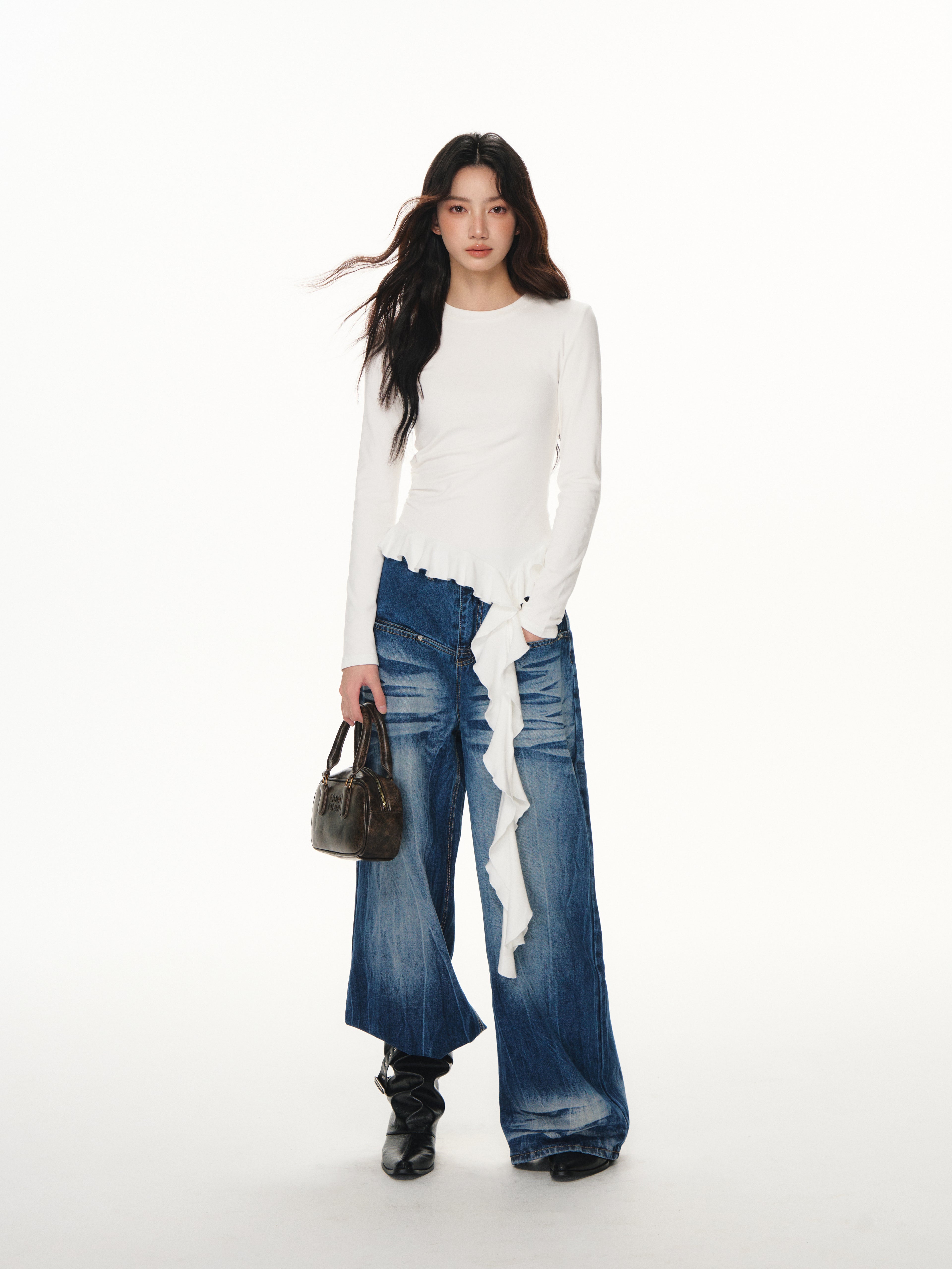 Lafreedom LAF351101 Ruffle ribbon base long sleeved Tee