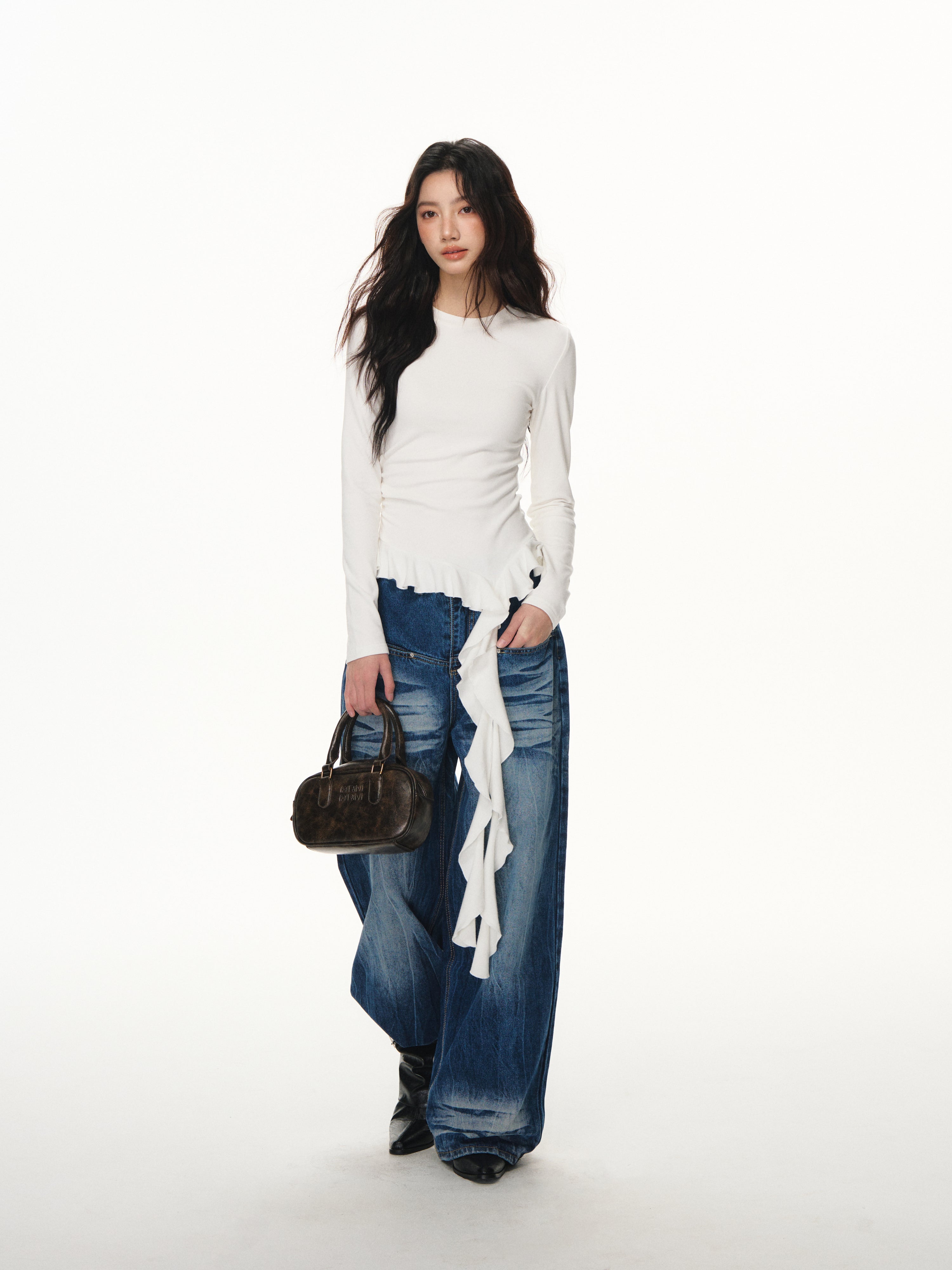 Lafreedom LAF351101 Ruffle ribbon base long sleeved Tee