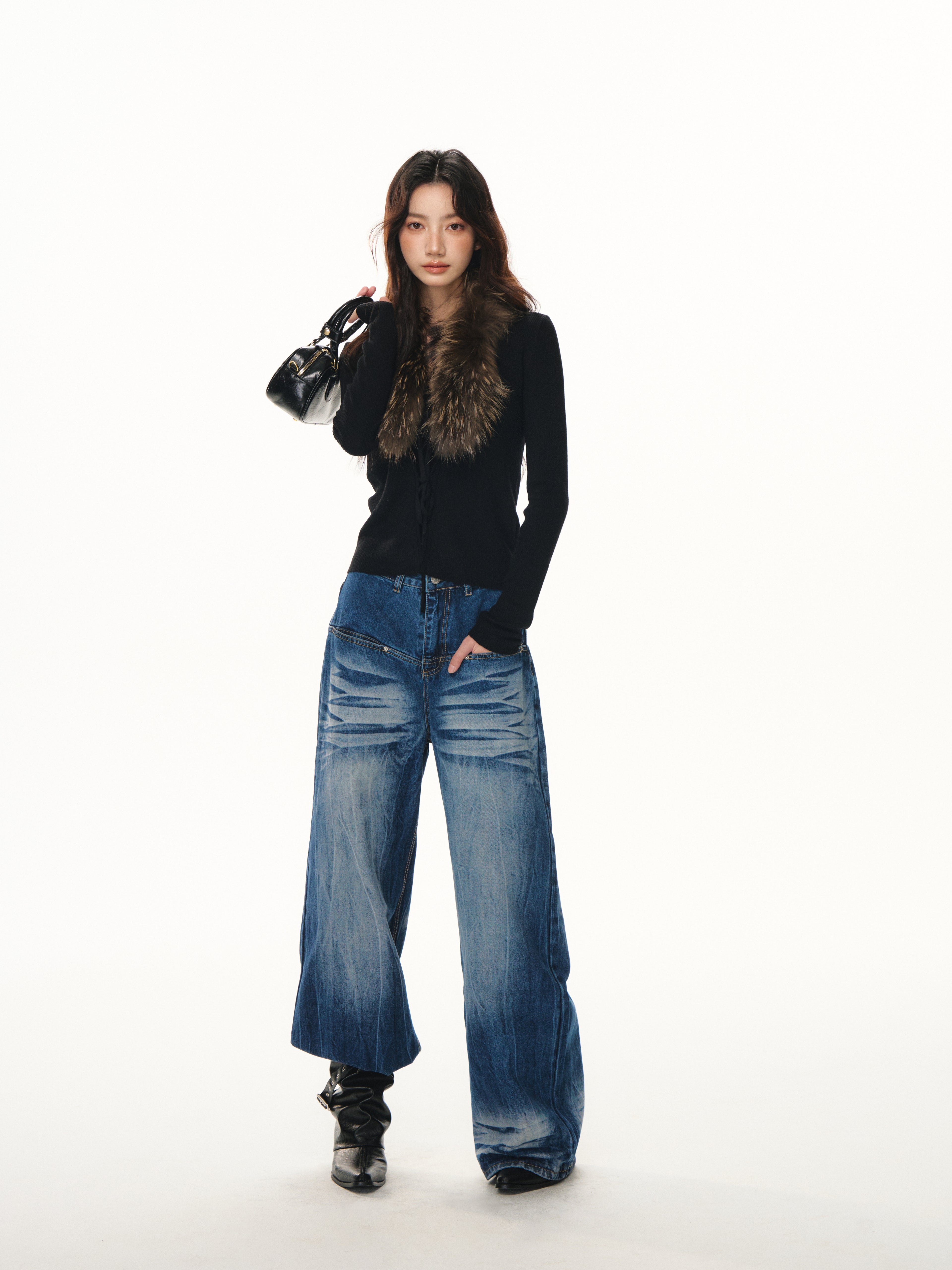 Lafreedom LAF351105 Vintage fur collar strap slimming knit cardigan