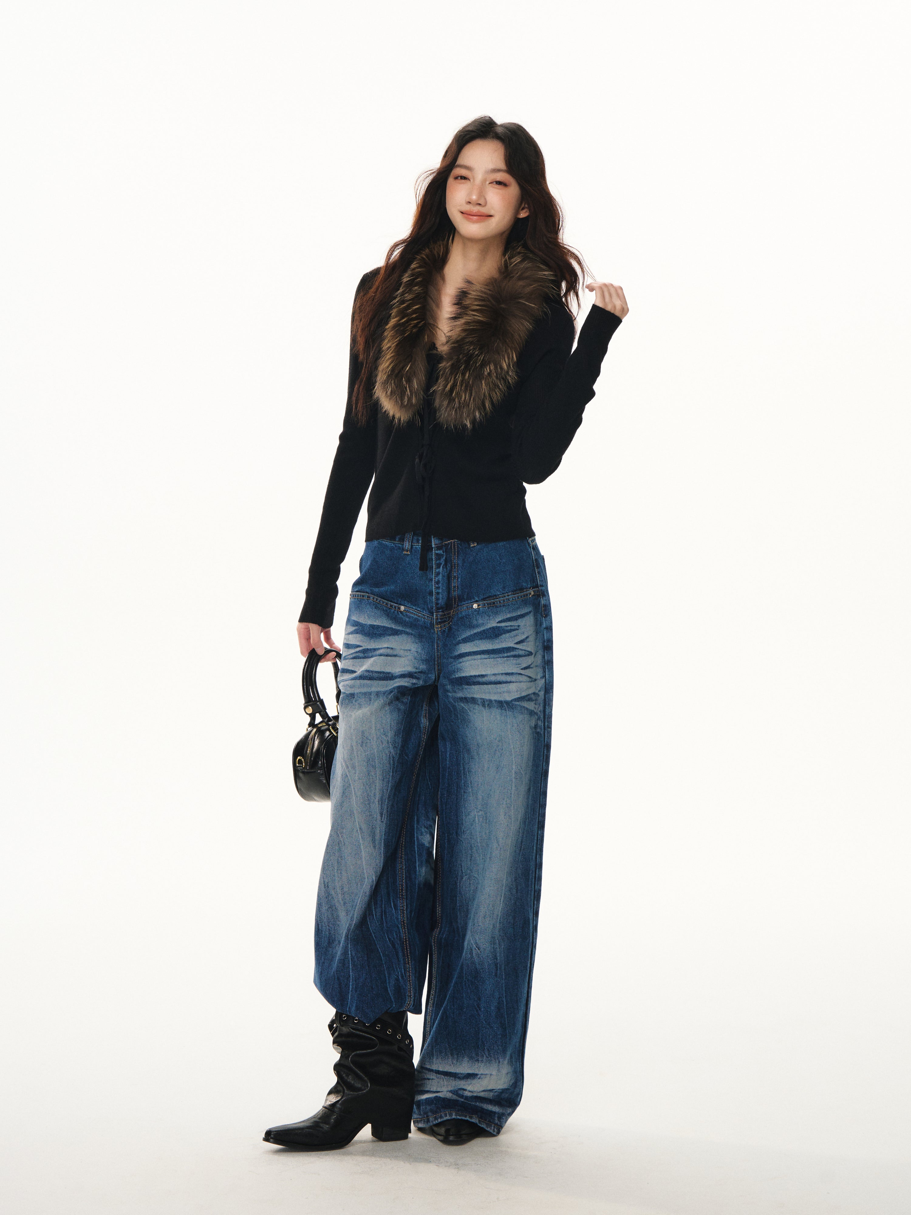 Lafreedom LAF351105 Vintage fur collar strap slimming knit cardigan