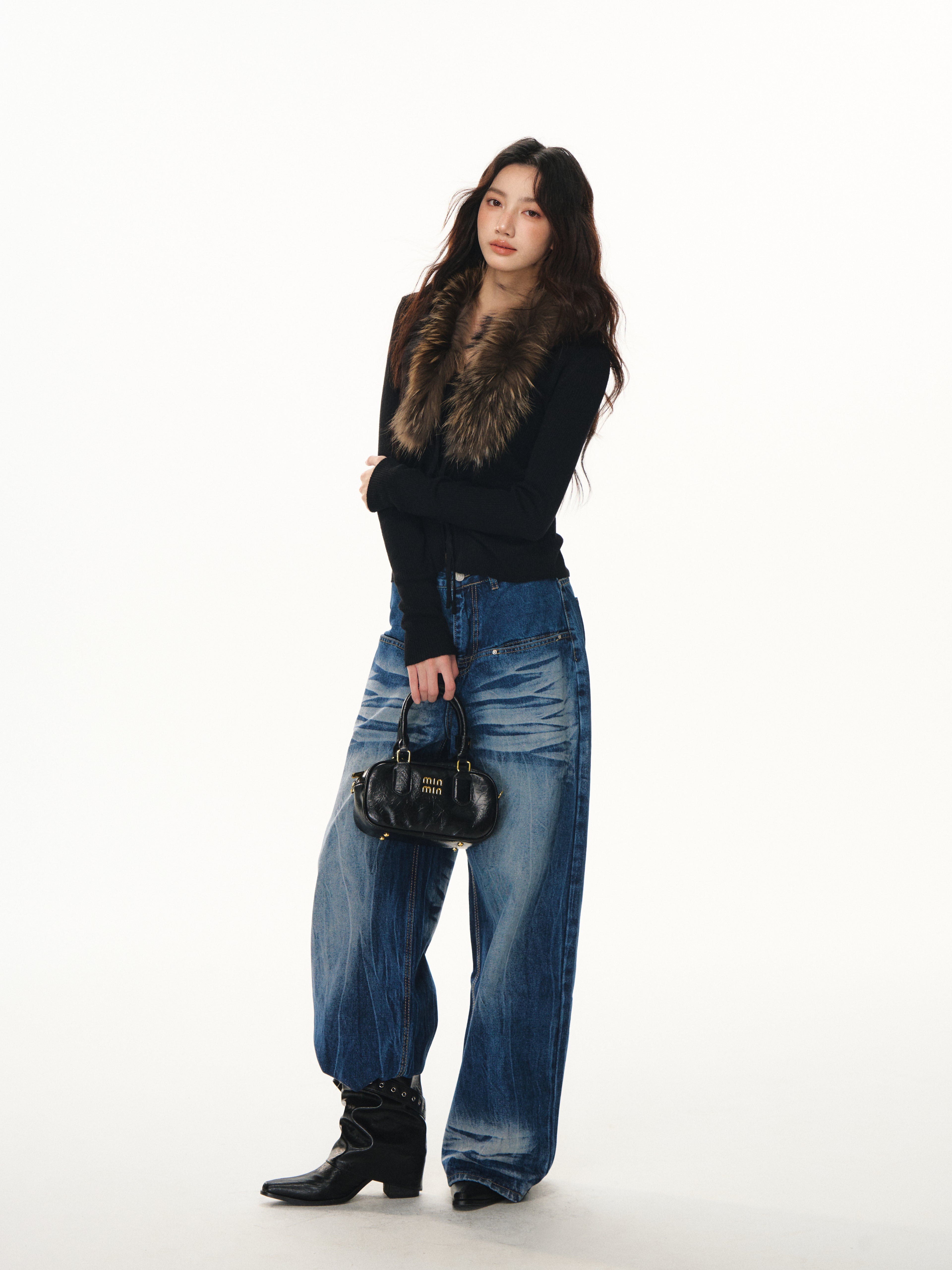 Lafreedom LAF351105 Vintage fur collar strap slimming knit cardigan