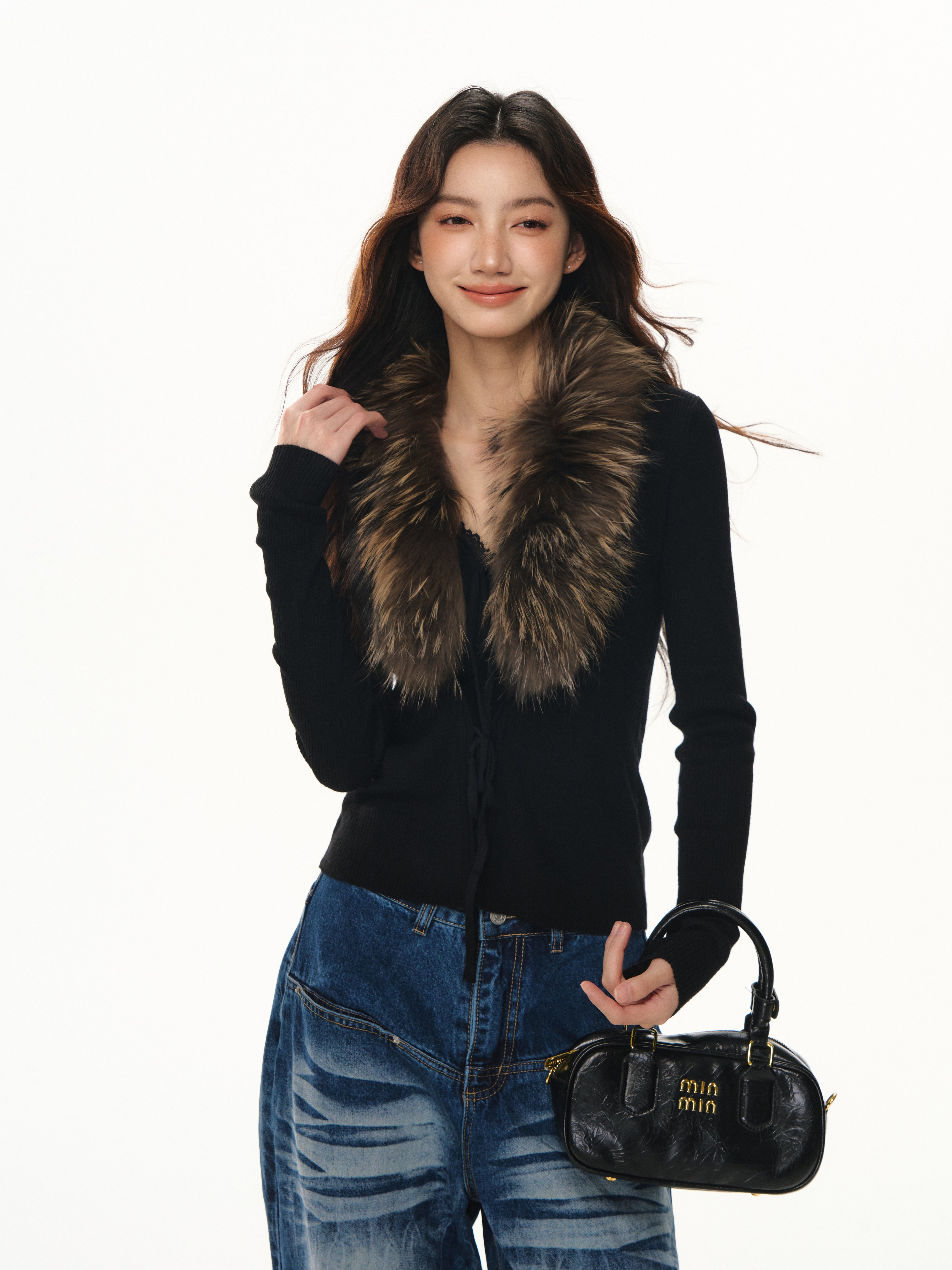 Lafreedom LAF351105 Vintage fur collar strap slimming knit cardigan