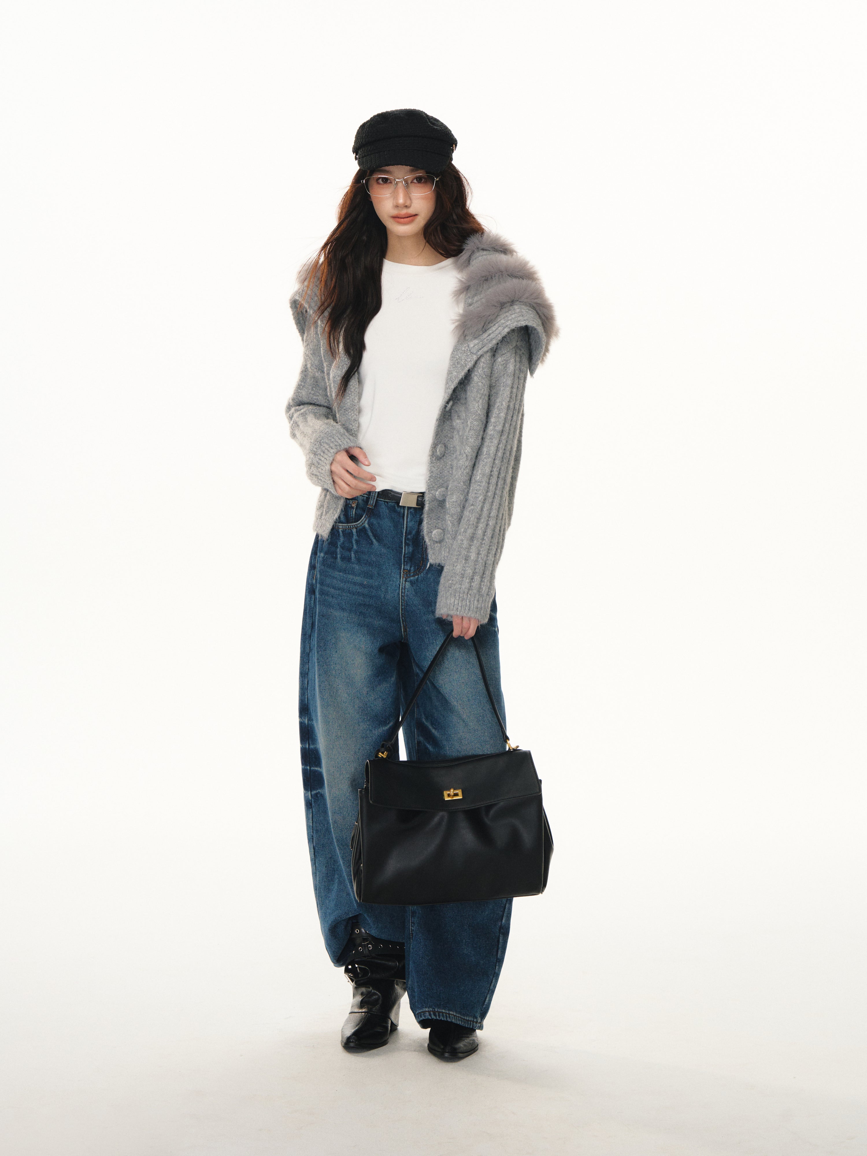Lafreedom LAF351103 Navy collar spliced woolen knitted cardigan