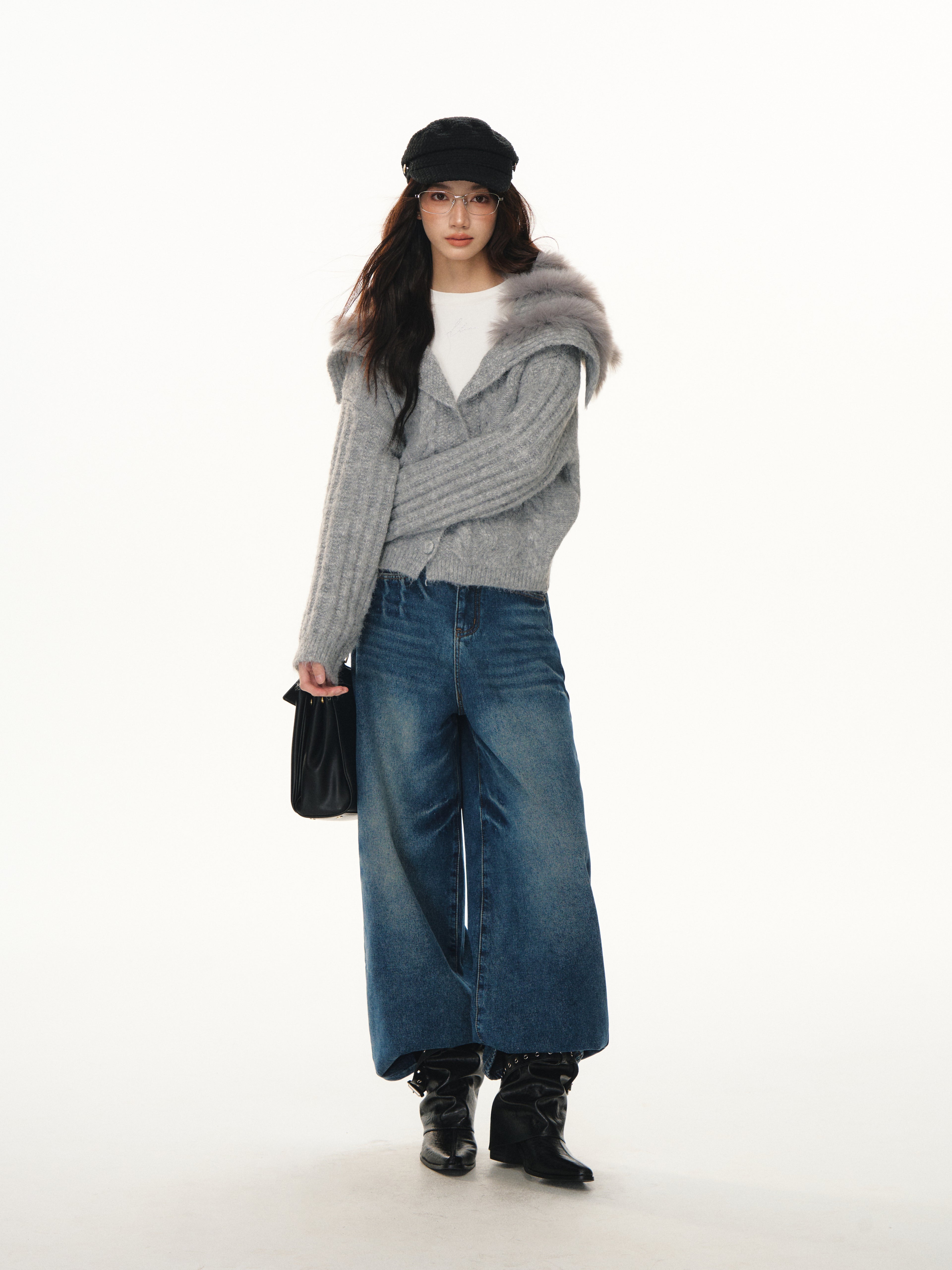 Lafreedom LAF351103 Navy collar spliced woolen knitted cardigan