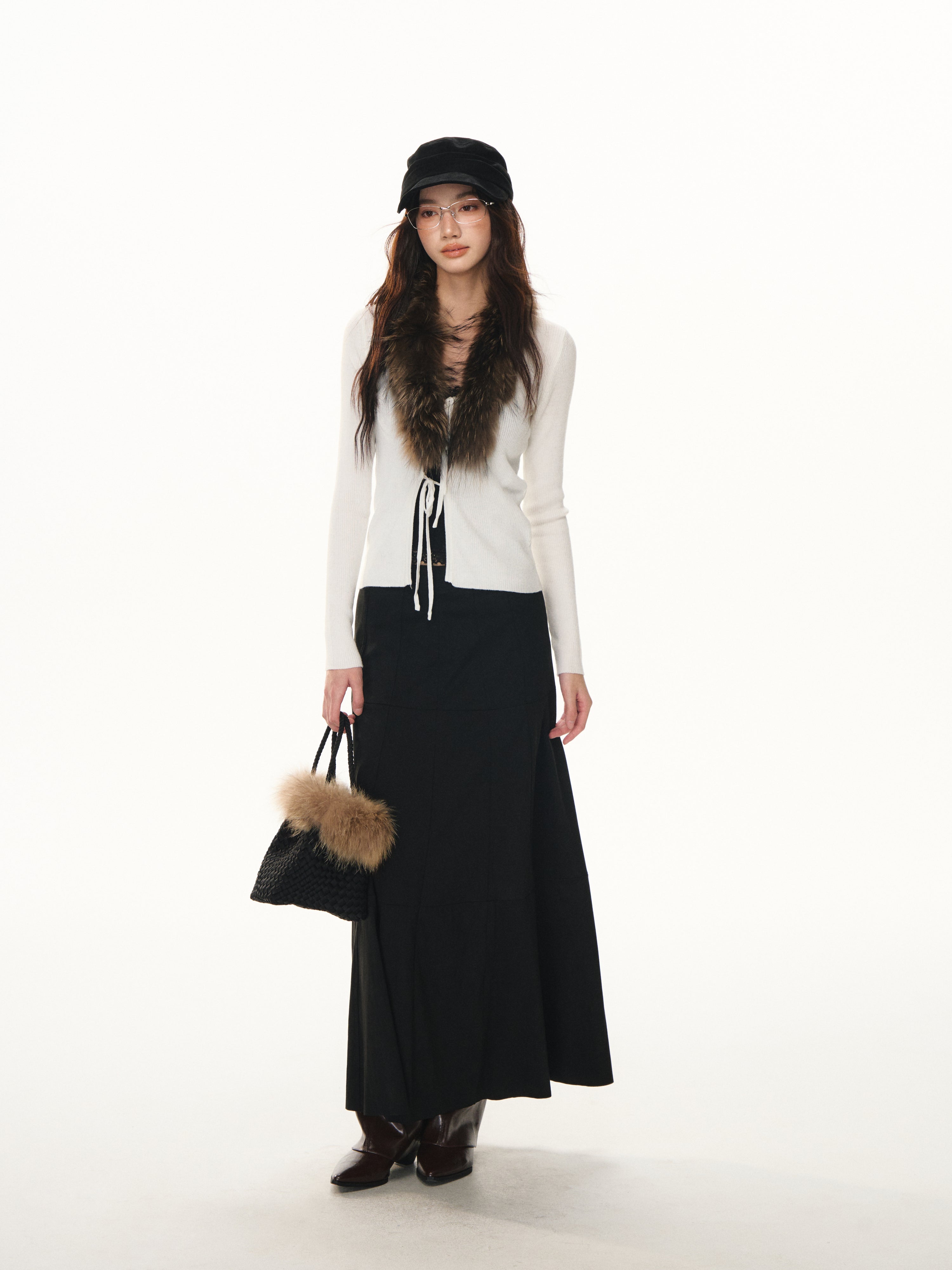 Lafreedom LAF351105 Vintage fur collar strap slimming knit cardigan