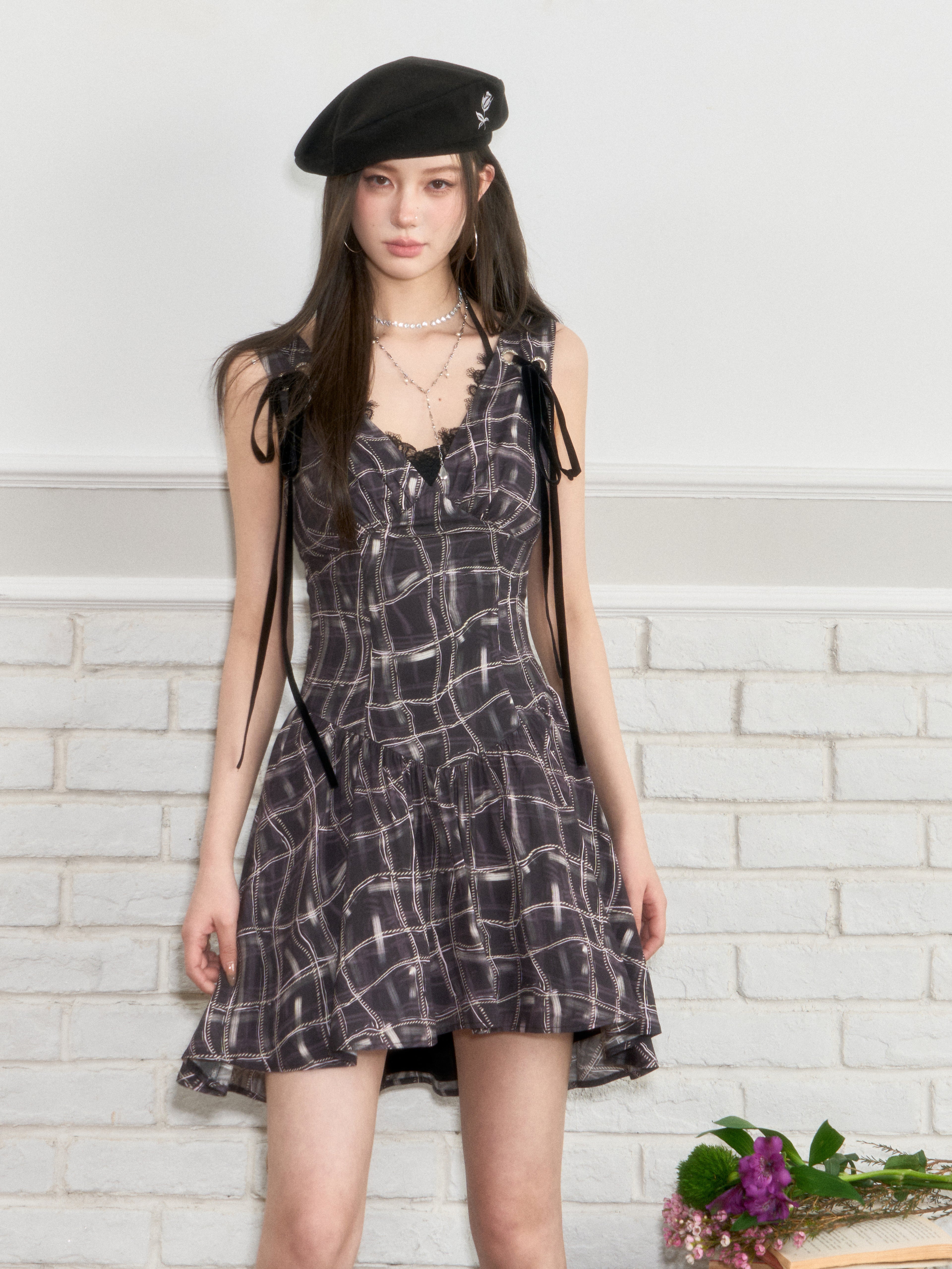 VIA PITTI VIABD208 Velvet strap plaid dress