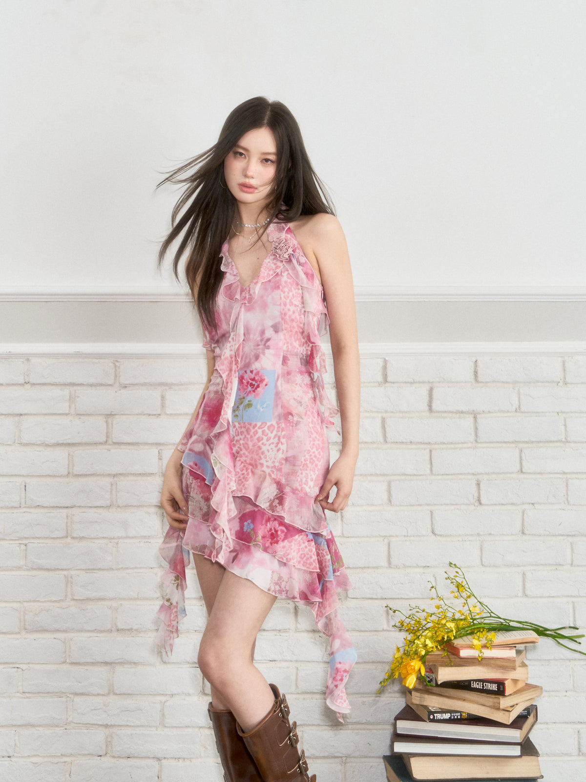 VIA PITTI VIABD203 Irregular flower halter neck dress