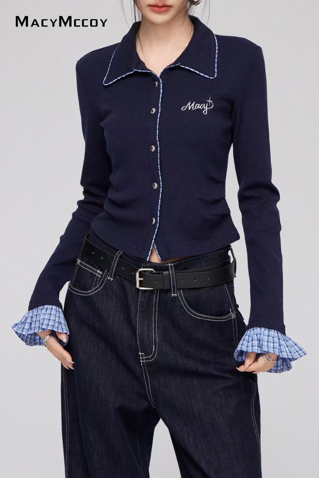Macy Mccoy MMC2024225 Plaid spliced knitted top