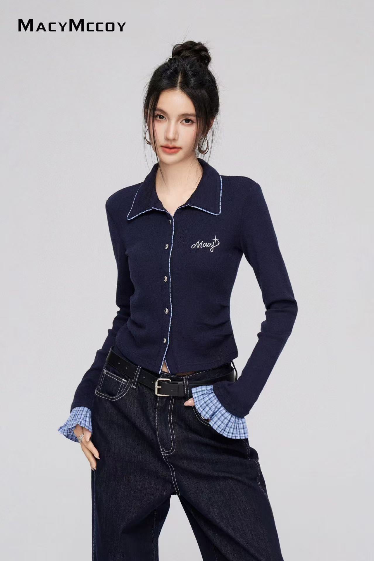 Macy Mccoy MMC2024225 Plaid spliced knitted top