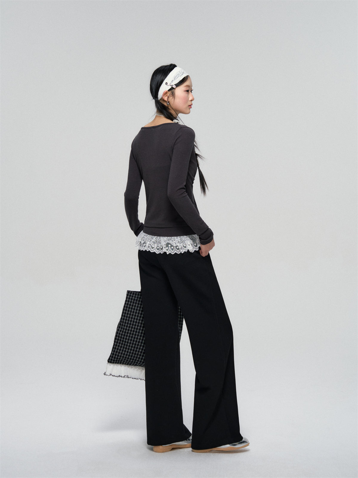 AsGony ASG25081 Lace waist patchwork lace sweatpants (2color)