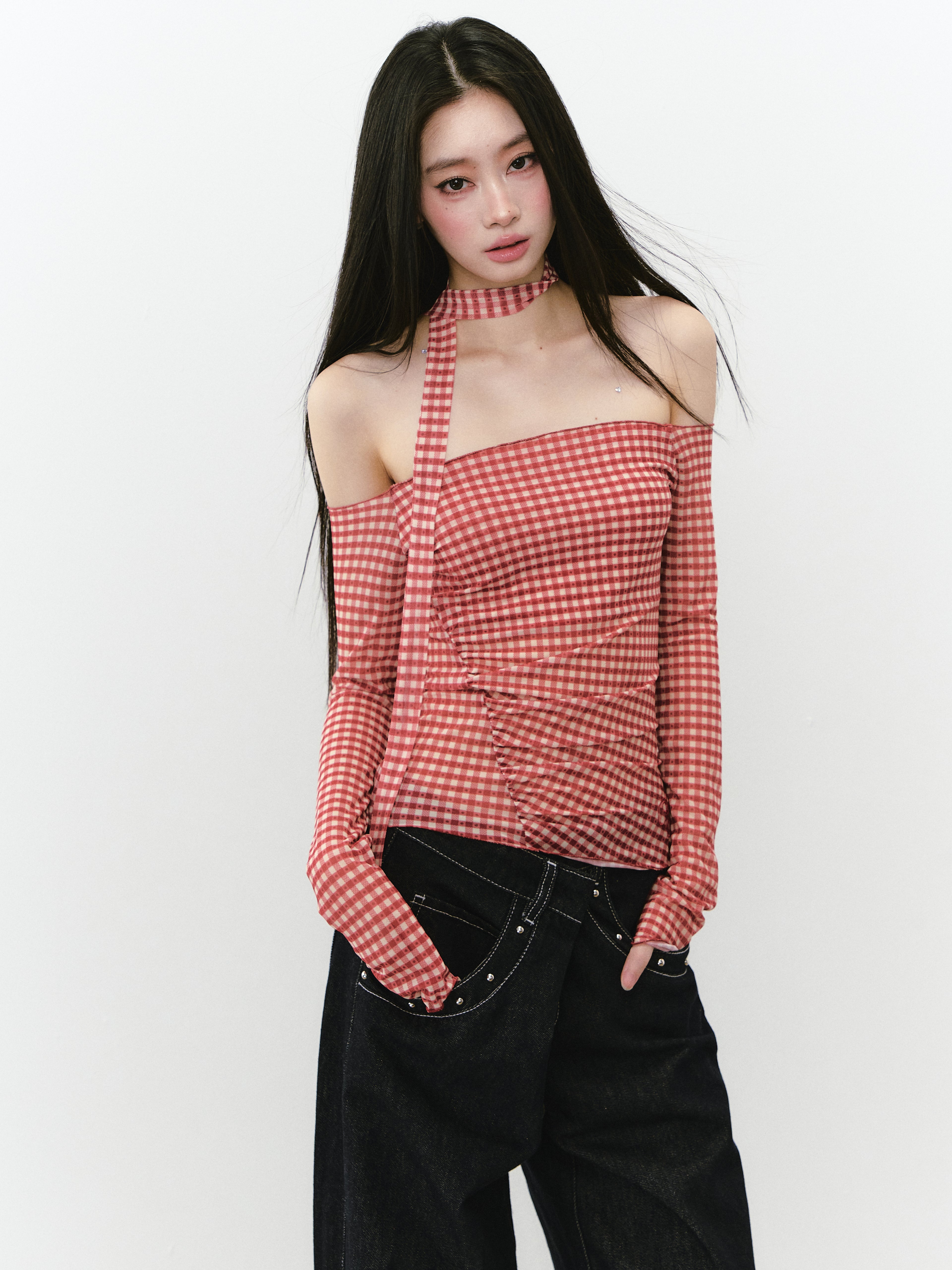 VIA PITTI VIABTP256 Checkered mesh off-shoulder long sleeved top
