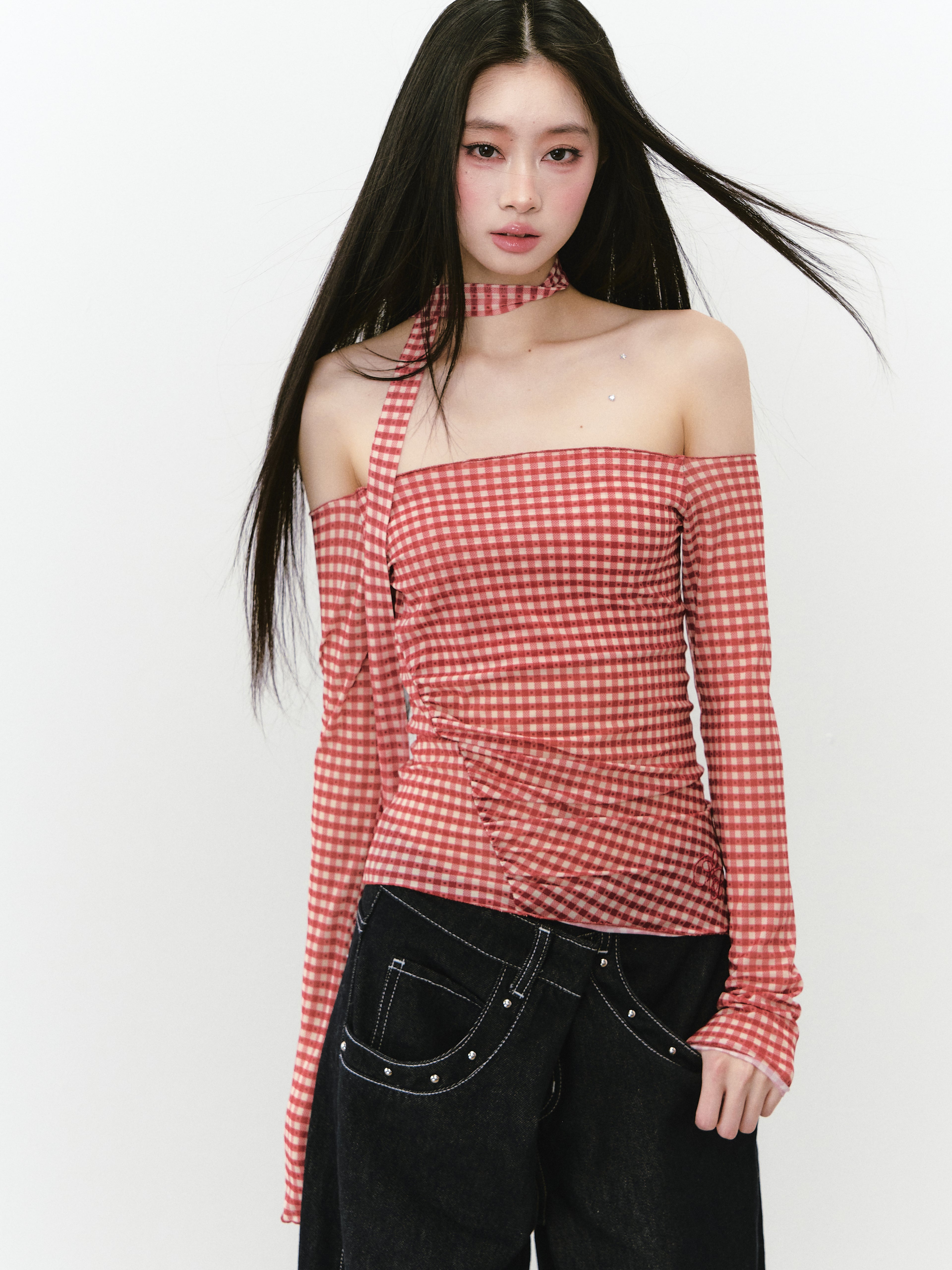 VIA PITTI VIABTP256 Checkered mesh off-shoulder long sleeved top