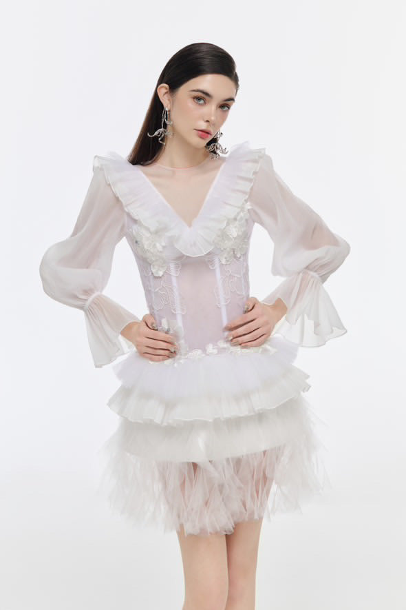 Josephine V-neck puff sleeve embroidered dress