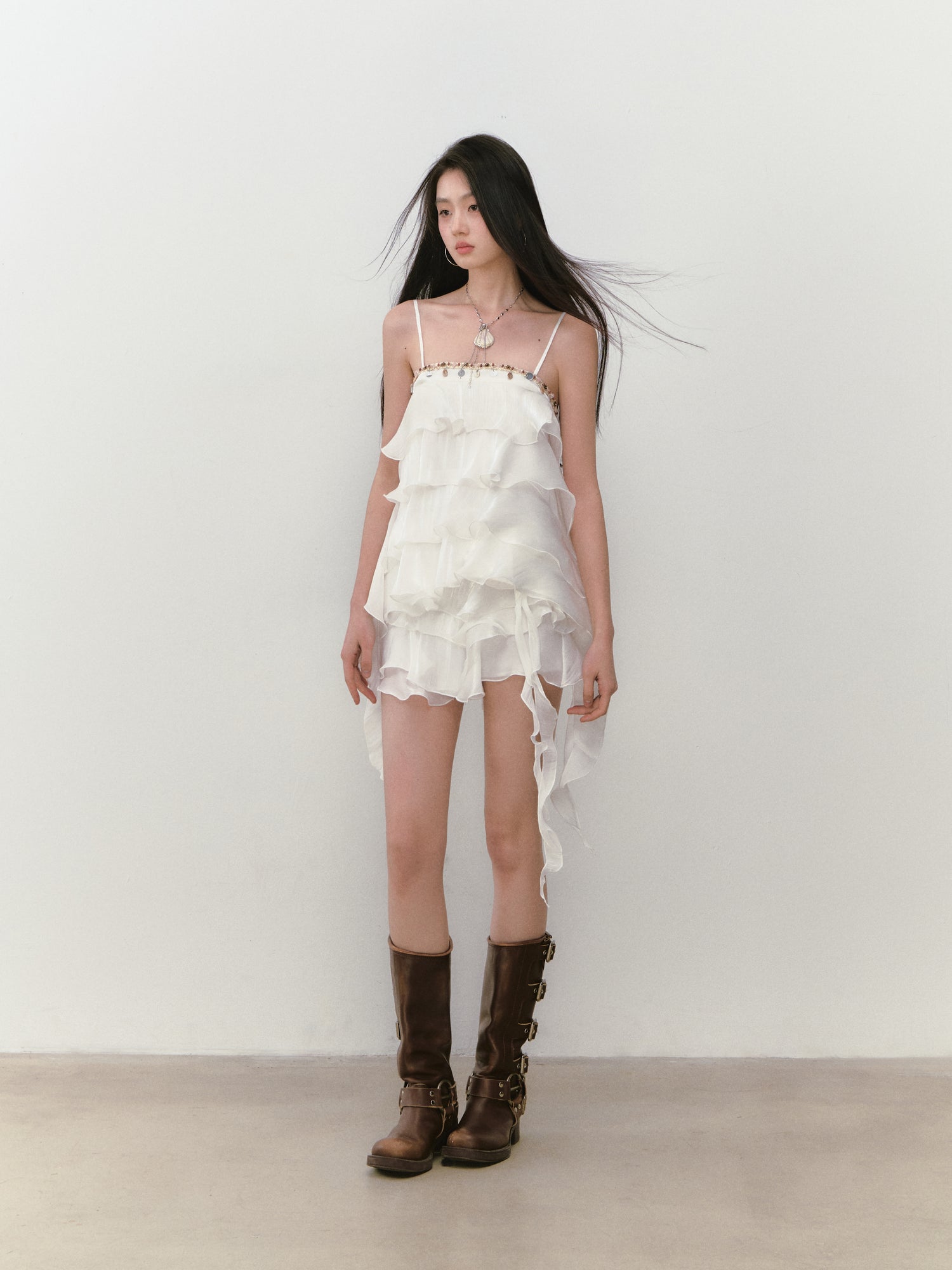 VIA PITTI VIABTP285&VIABS289 Ribbon strap tiered top + skirt set (2color)