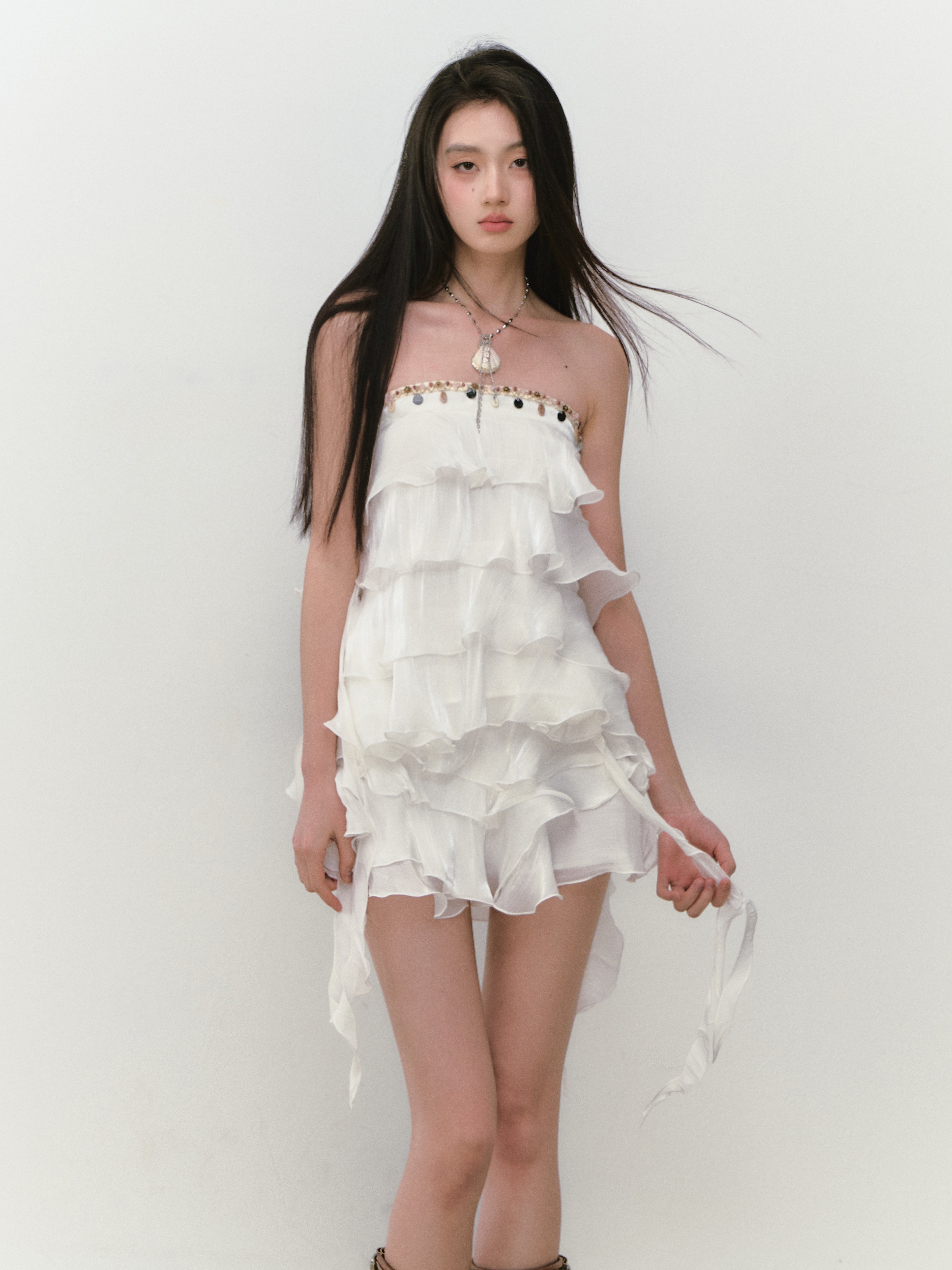 VIA PITTI VIABTP285&VIABS289 Ribbon strap tiered top + skirt set (2color)