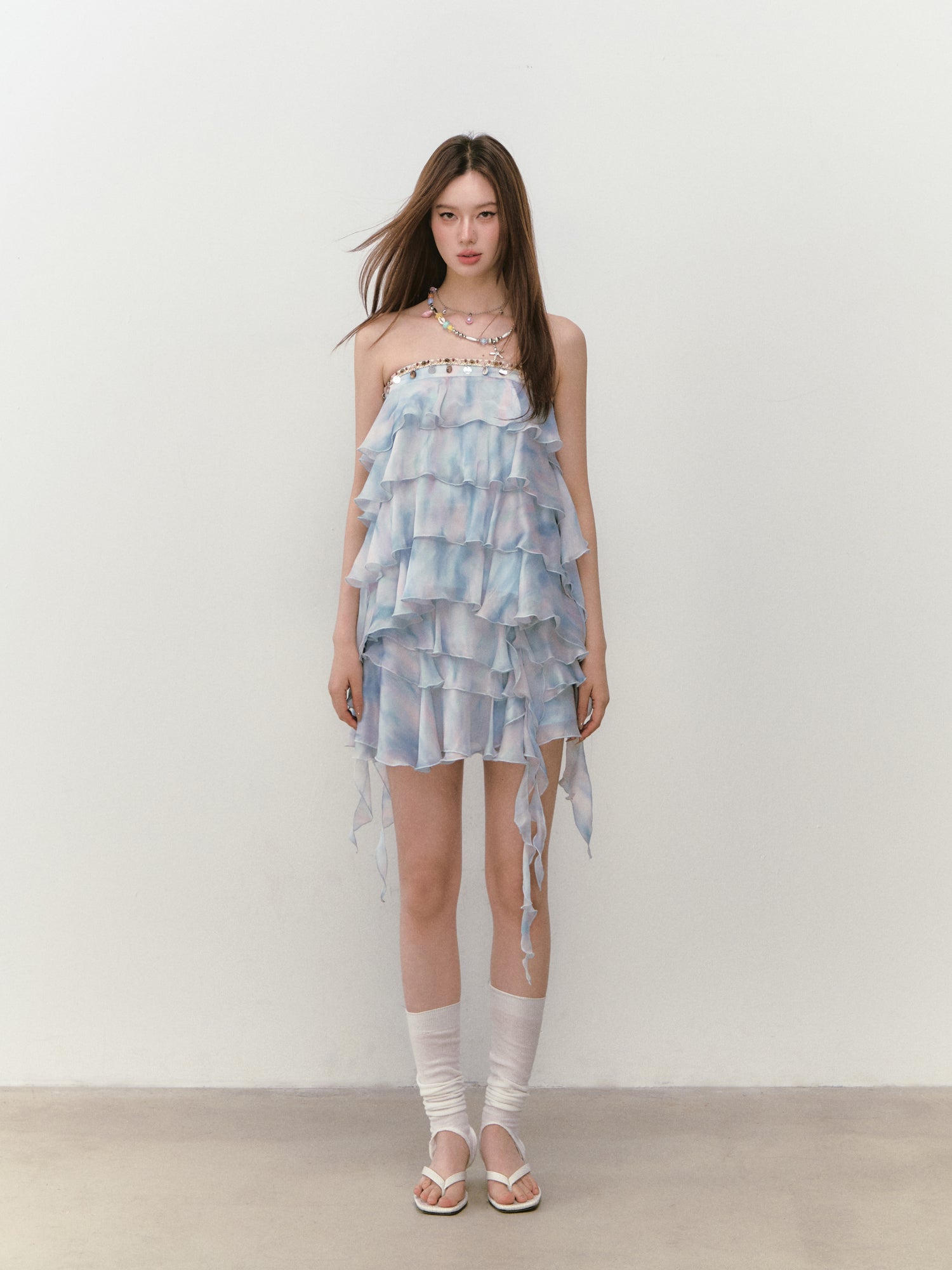 VIA PITTI VIABTP285&VIABS289 Ribbon strap tiered top + skirt set (2color)