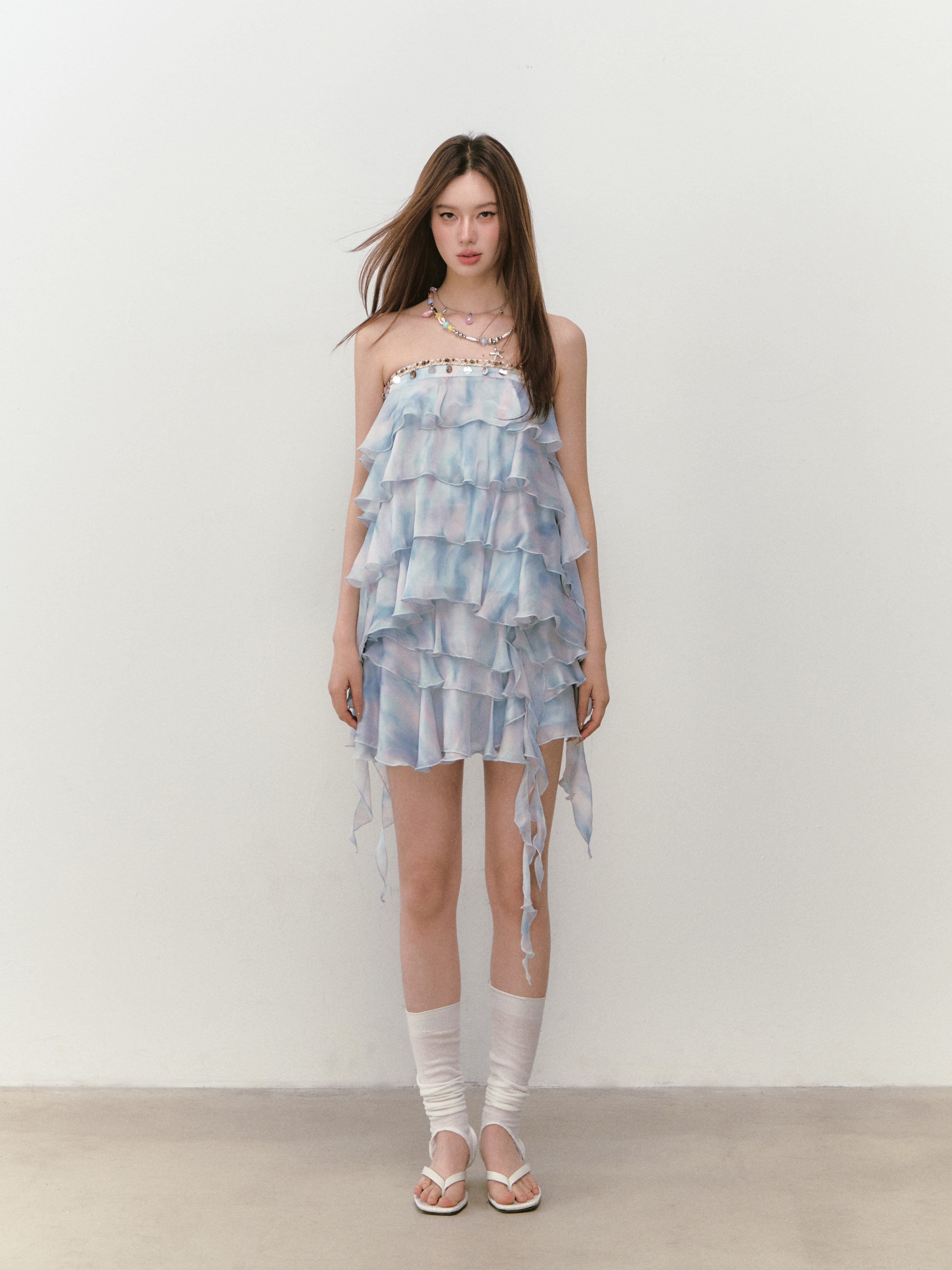 VIA PITTI VIABTP285&VIABS289 Ribbon strap tiered top + skirt set (2color)