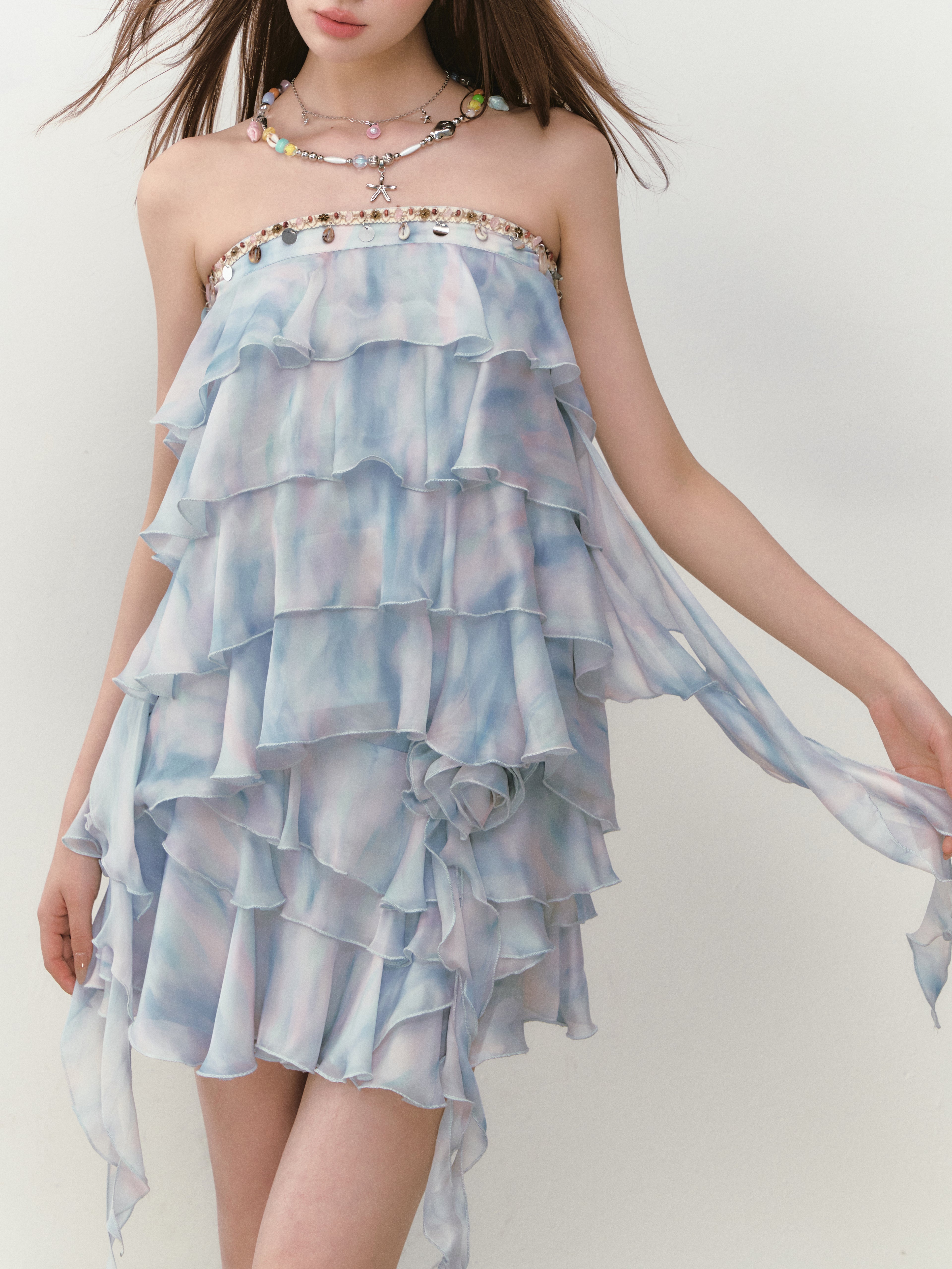 VIA PITTI VIABTP285&VIABS289 Ribbon strap tiered top + skirt set (2color)