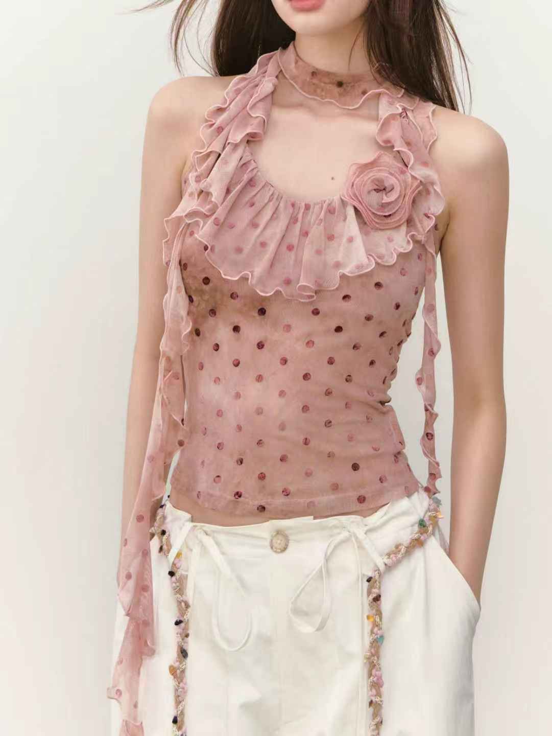 VIA PITTI VIABTP253 Ribbon Flower Halter Top(2 color)