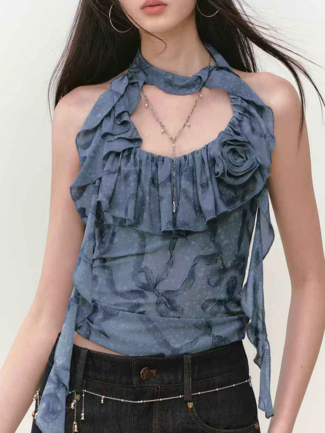 VIA PITTI VIABTP253 Ribbon Flower Halter Top(2 color)