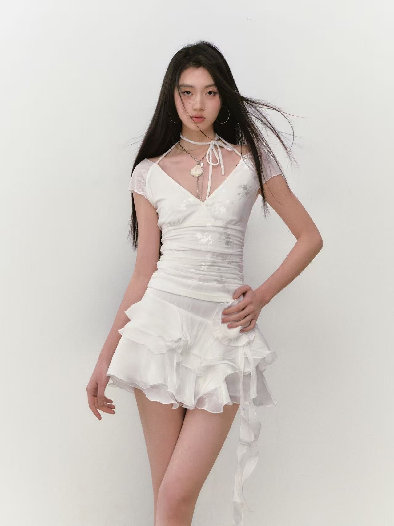 VIA PITTI Strapless Tiered Top VIABTP285 + Floral Skirt VIABS289 Set (2 color)