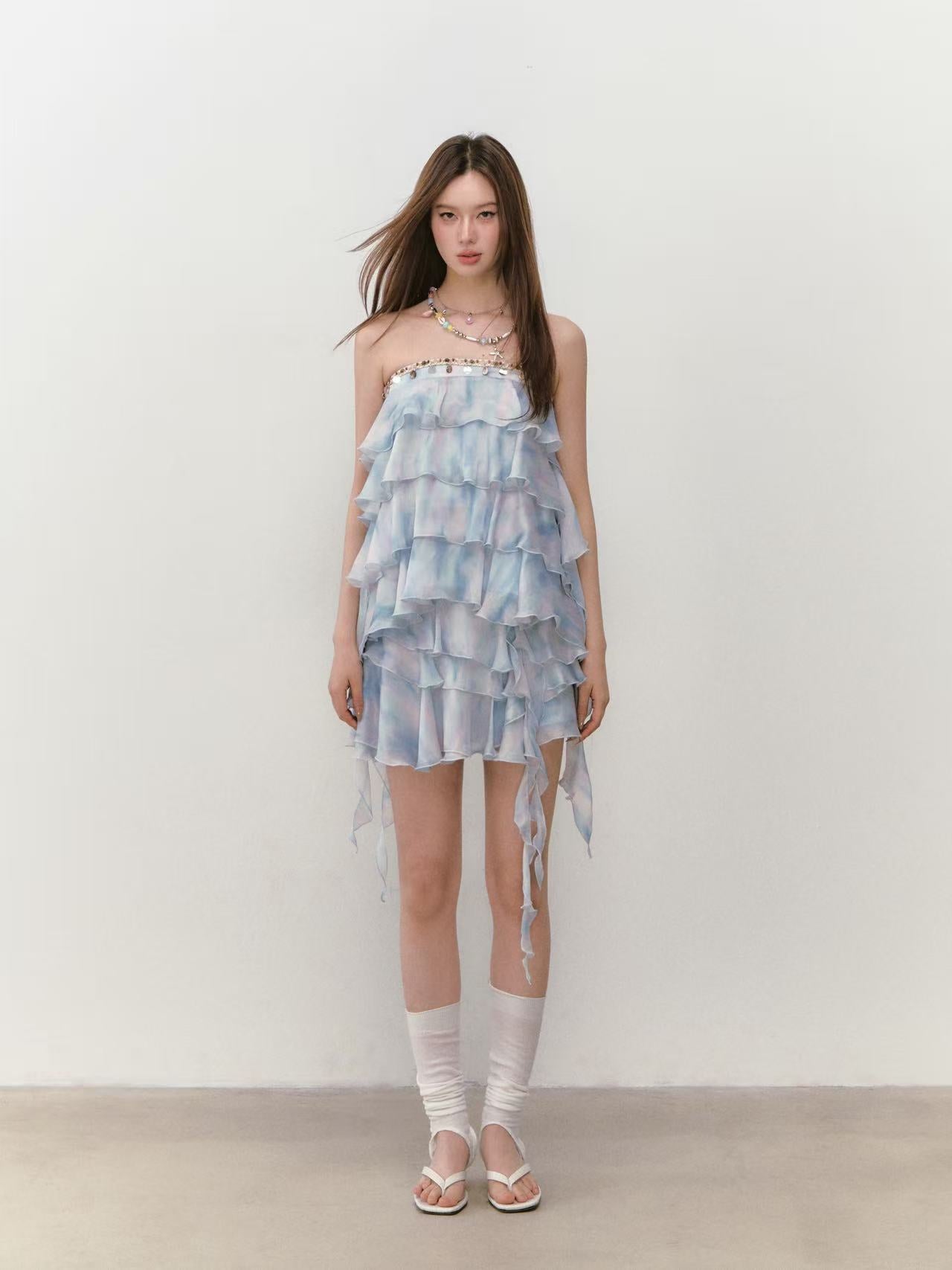 VIA PITTI Strapless Tiered Top VIABTP285 + Floral Skirt VIABS289 Set (2 color)