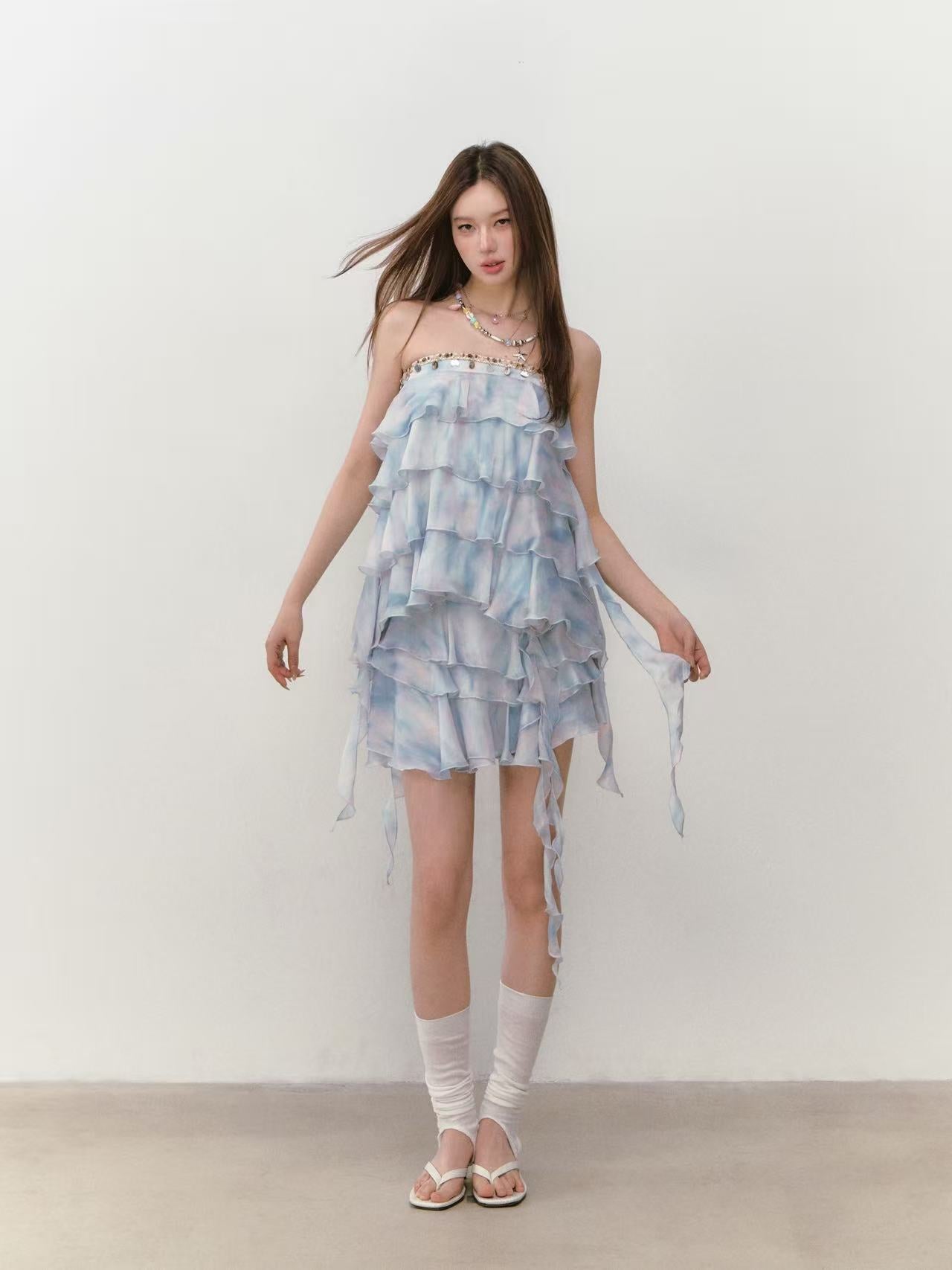 VIA PITTI Strapless Tiered Top VIABTP285 + Floral Skirt VIABS289 Set (2 color)