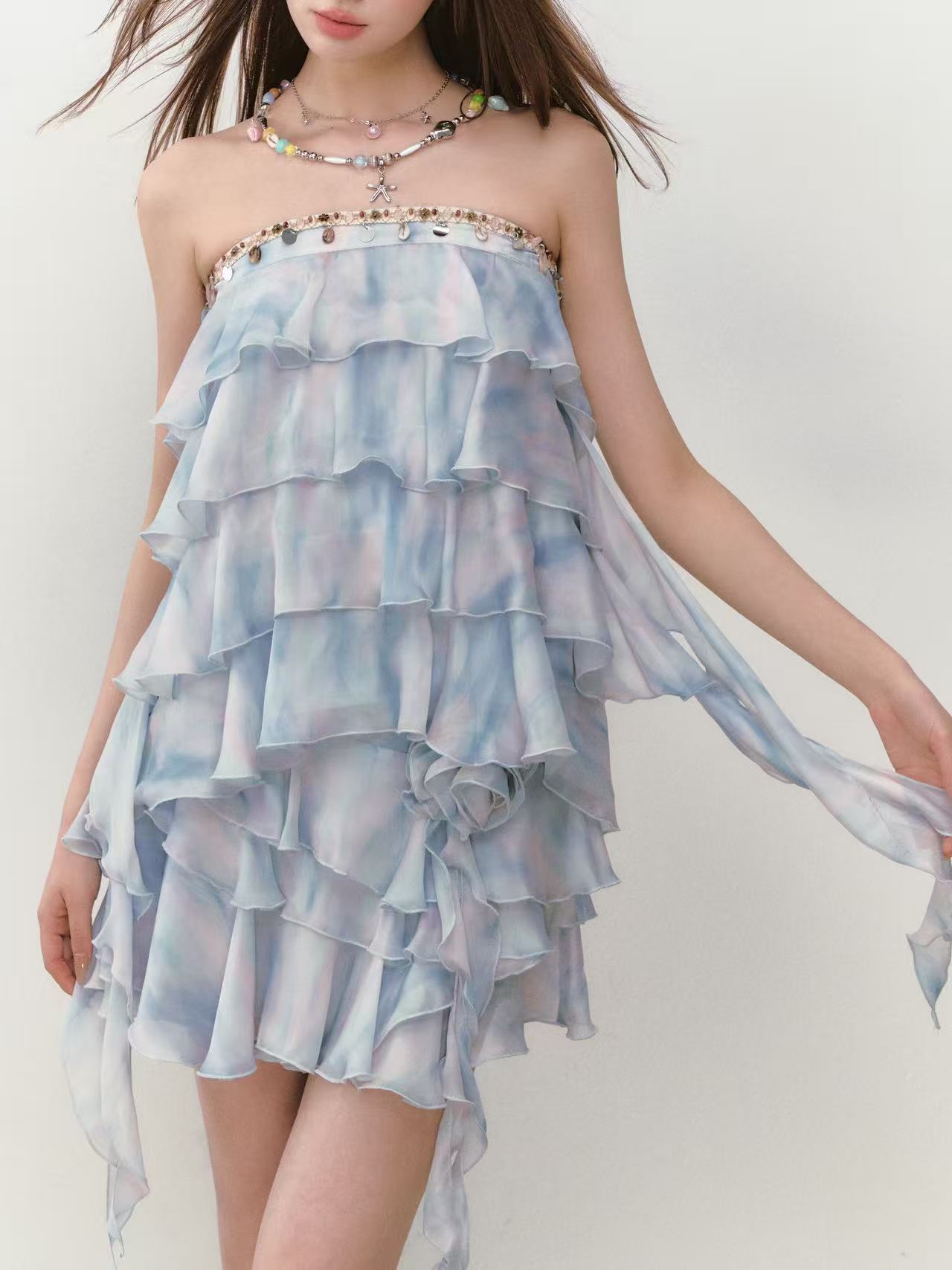 VIA PITTI Strapless Tiered Top VIABTP285 + Floral Skirt VIABS289 Set (2 color)
