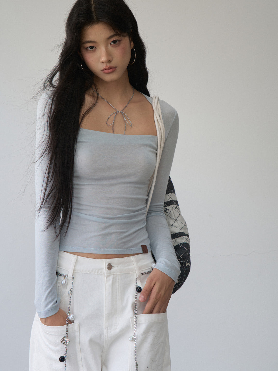 VIA PITTI VIABTP480 One shoulder strapless long sleeved slim fit base top