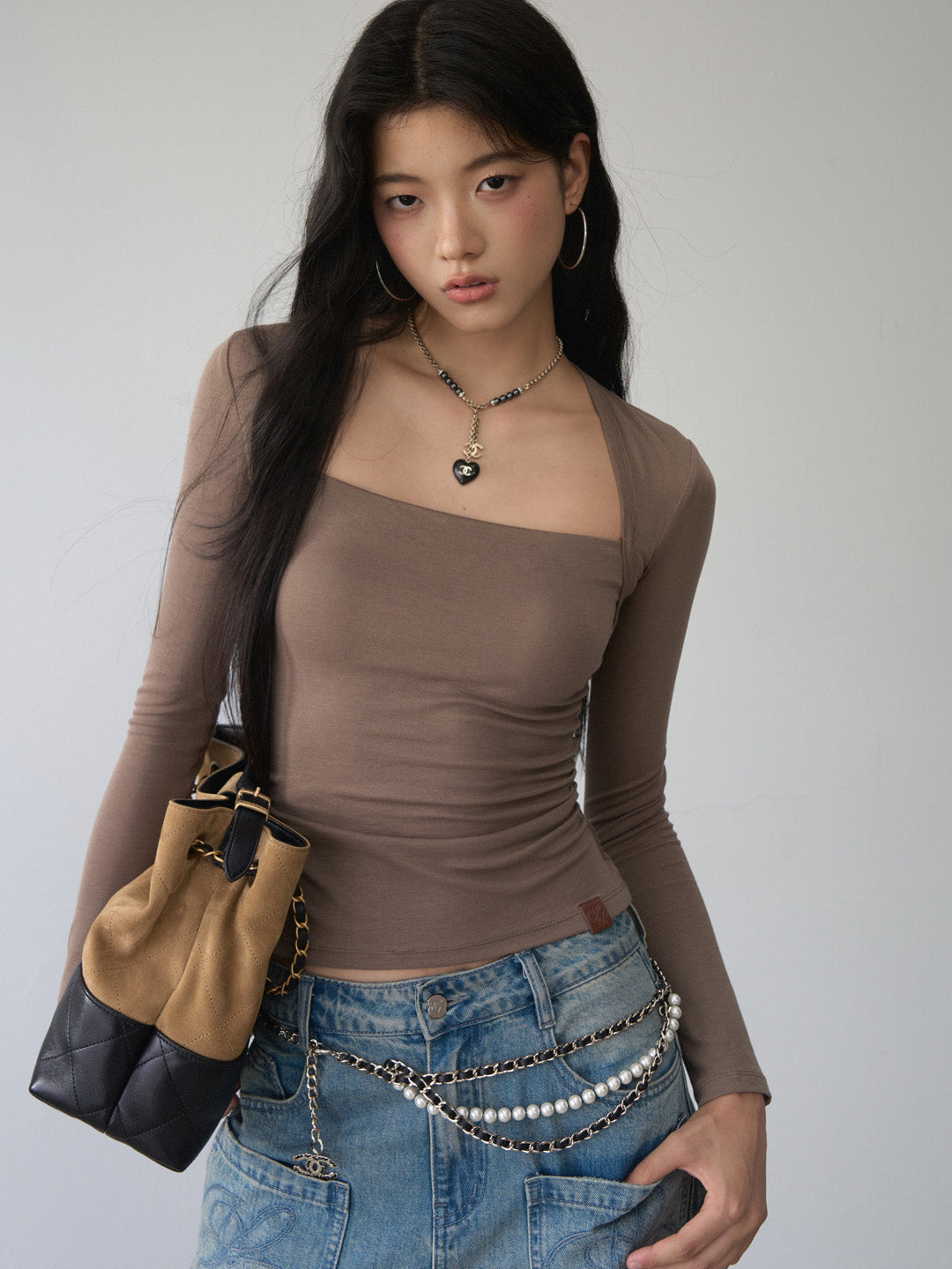VIA PITTI VIABTP480 One shoulder strapless long sleeved slim fit base top