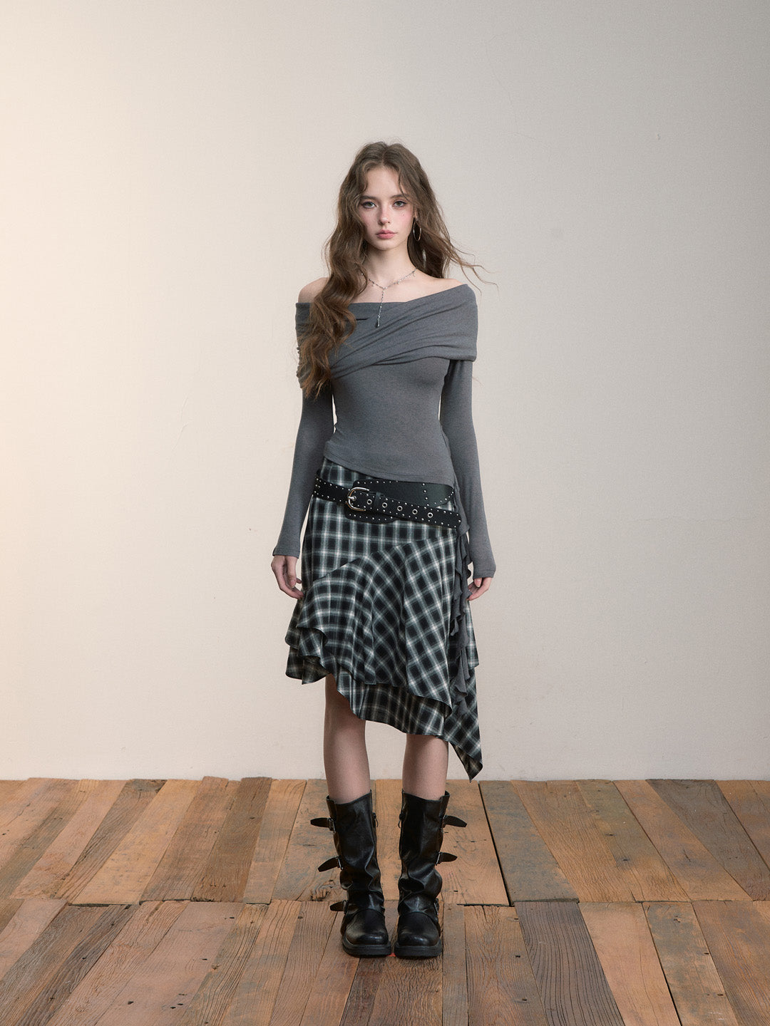 VIA PITTI VIACS524 Irregular retro plaid half skirt