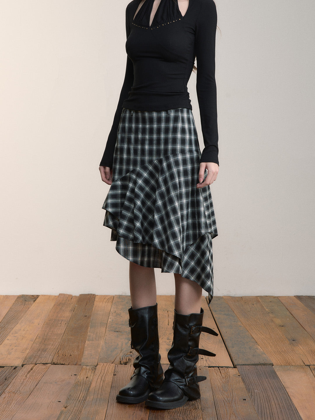 VIA PITTI VIACS524 Irregular retro plaid half skirt