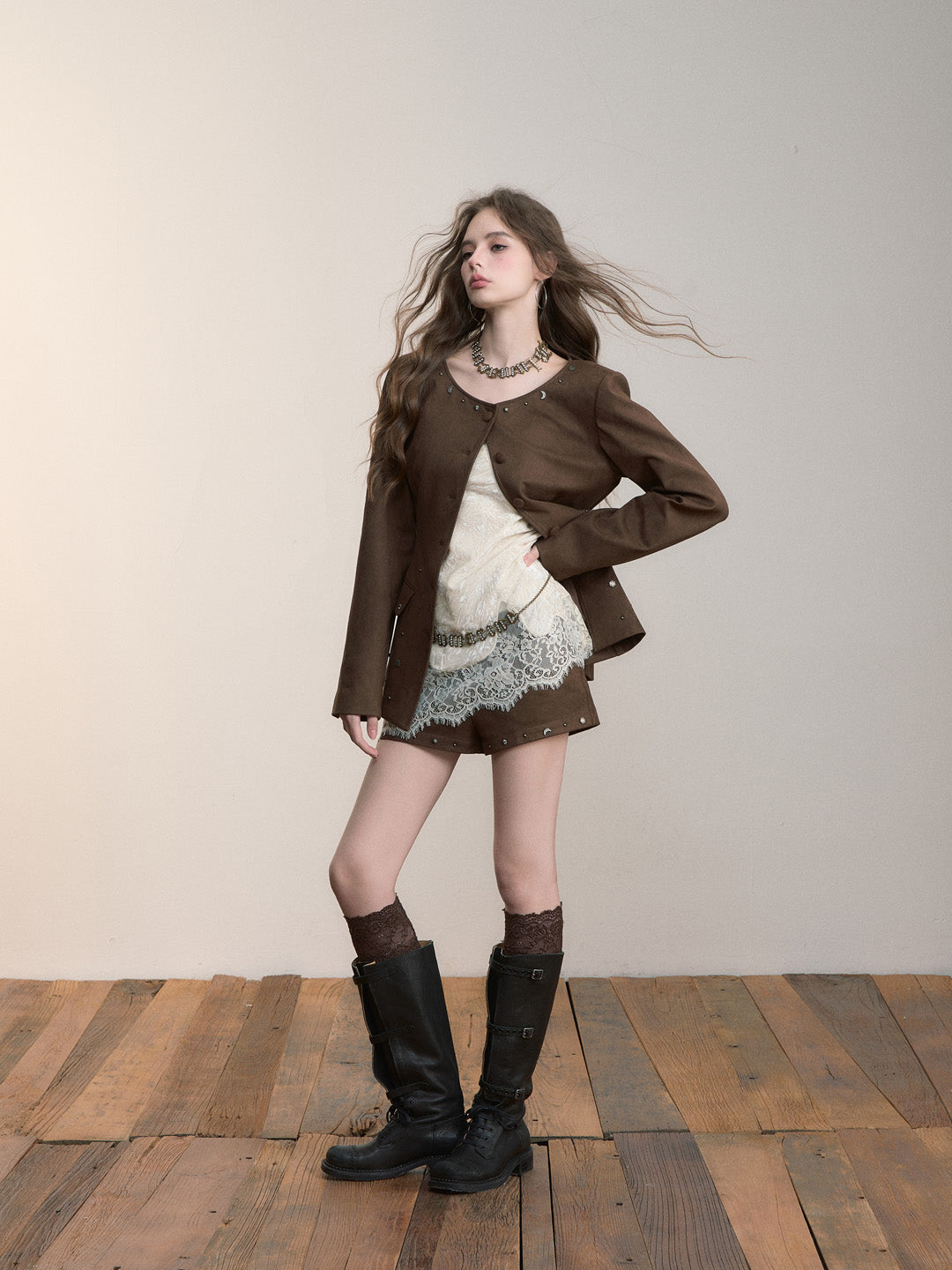VIA PITTI VIACC514 Rivet design imitation suede waist jacket
