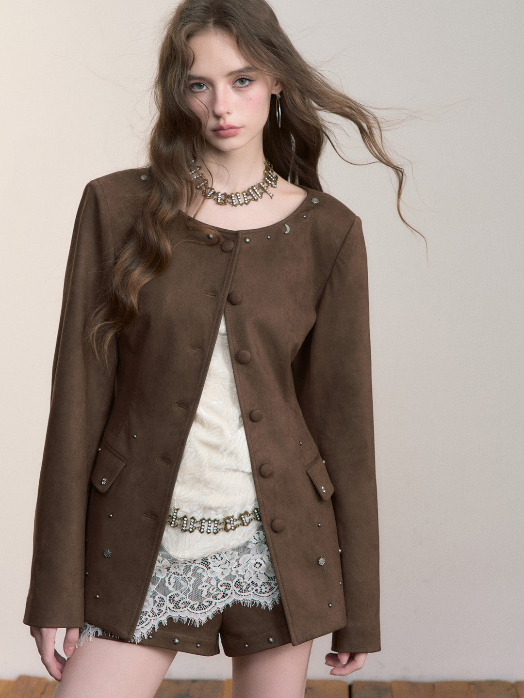 VIA PITTI VIACC514 Rivet design imitation suede waist jacket