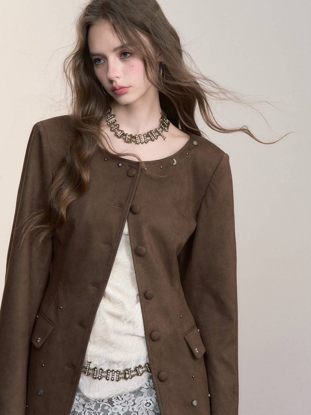 VIA PITTI VIACC514 Rivet design imitation suede waist jacket