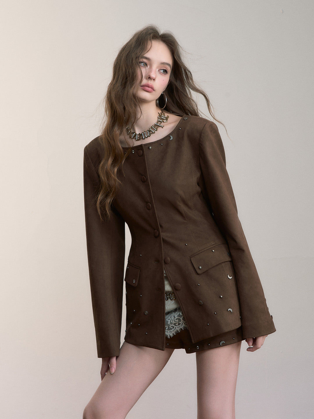 VIA PITTI VIACC514 Rivet design imitation suede waist jacket