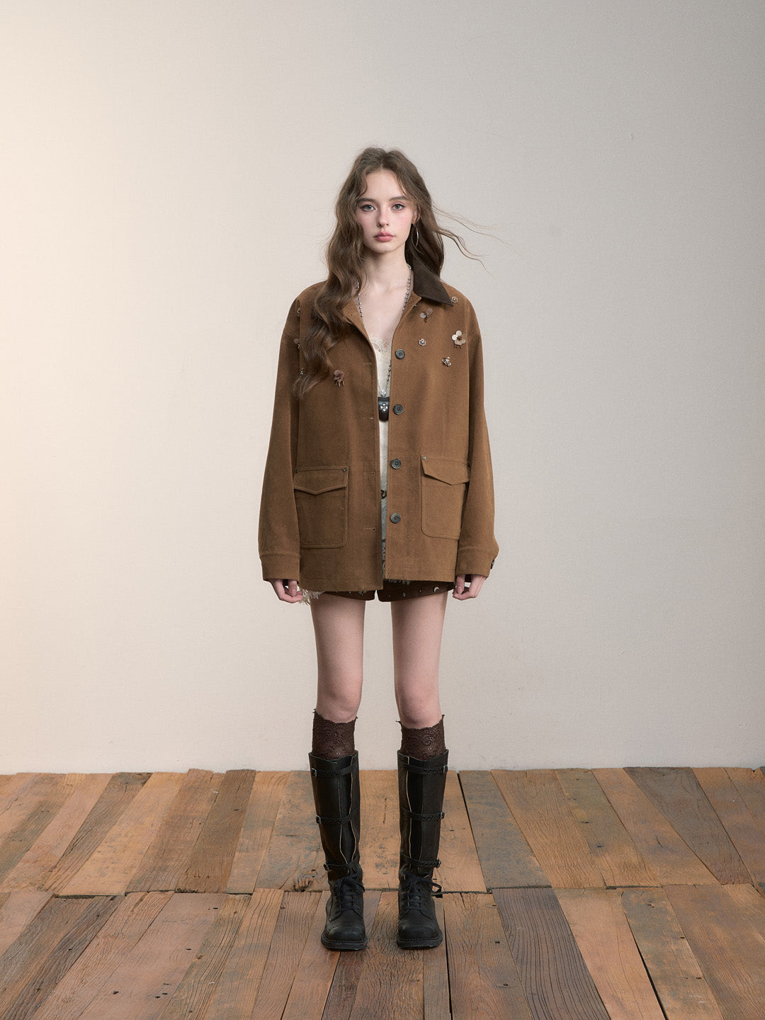 VIA PITTI VIACC545 Flower decoration retro style large pocket jacket