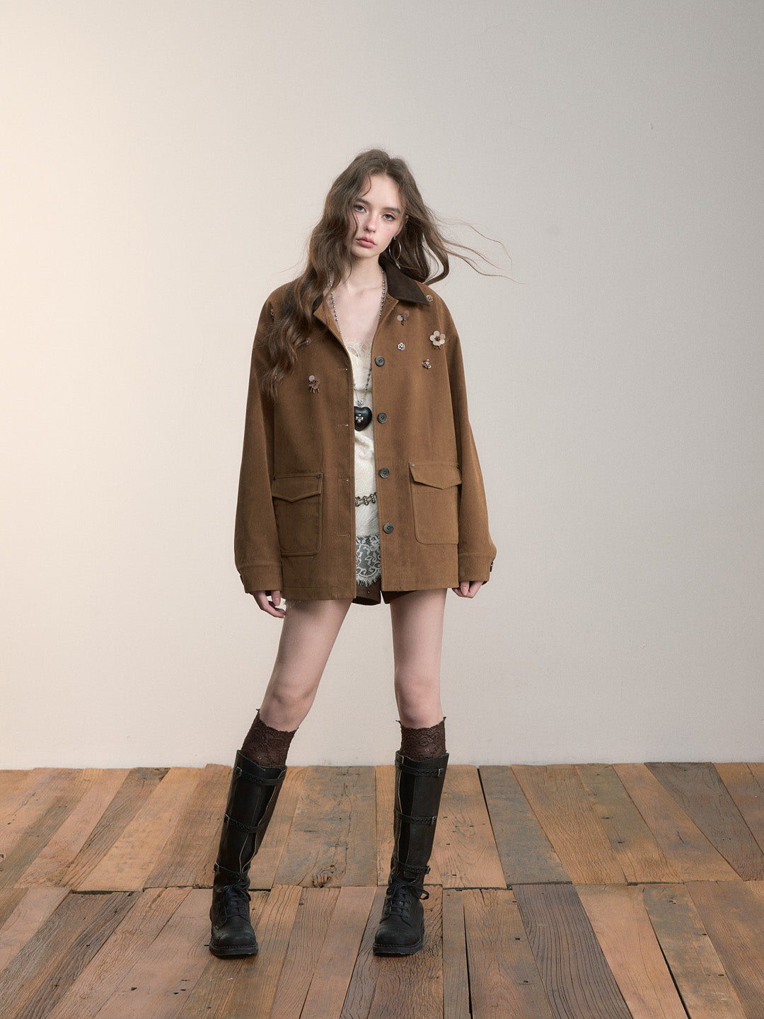 VIA PITTI VIACC545 Flower decoration retro style large pocket jacket