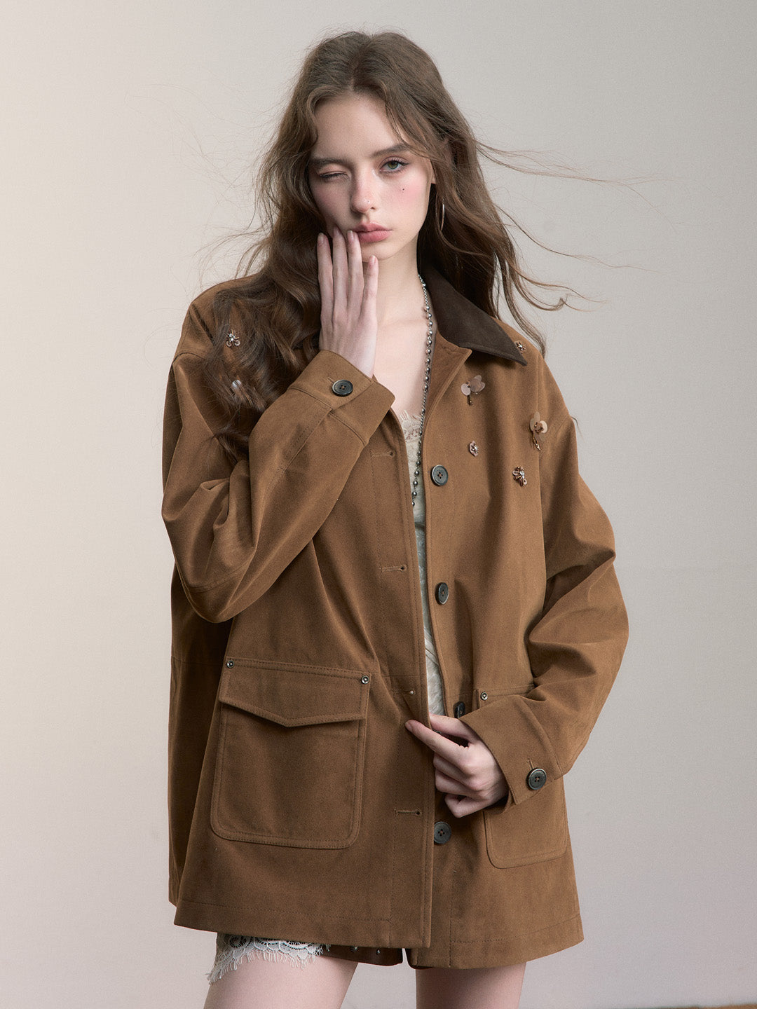 VIA PITTI VIACC545 Flower decoration retro style large pocket jacket