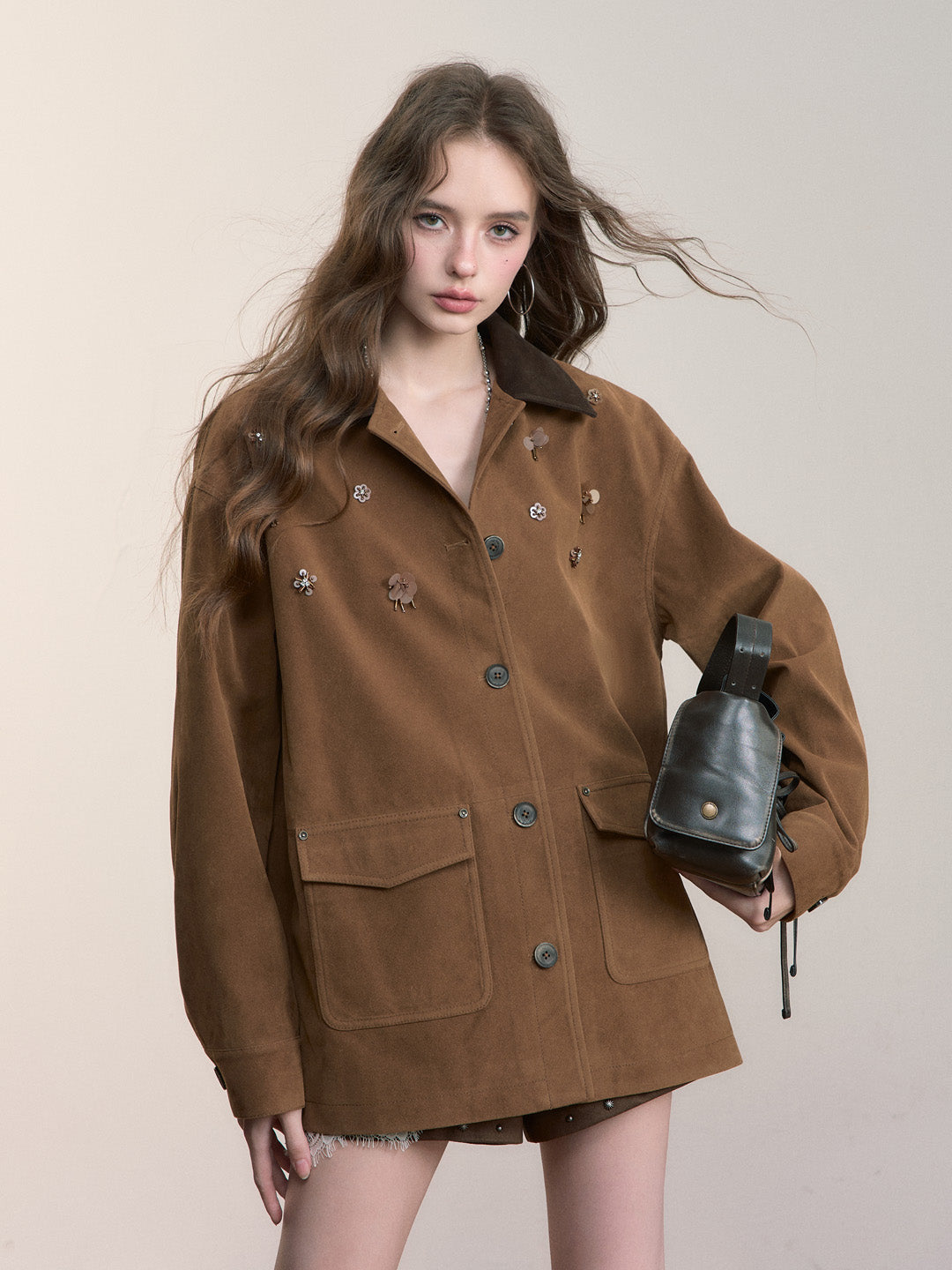 VIA PITTI VIACC545 Flower decoration retro style large pocket jacket