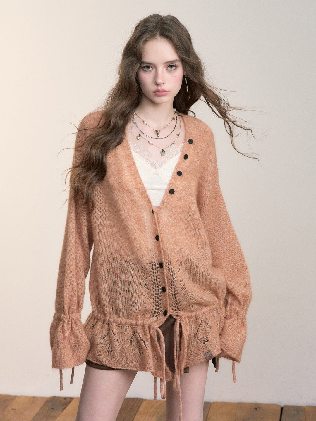 VIA PITTI VIADK570 Lazy style drawstring hollow knitted sweater
