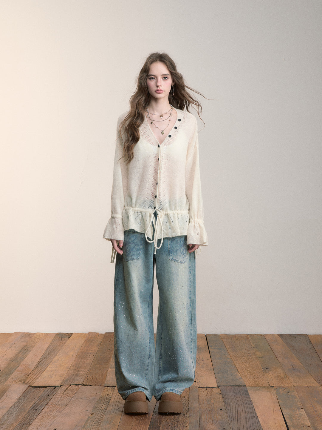 VIA PITTI VIADK570 Lazy style drawstring hollow knitted sweater